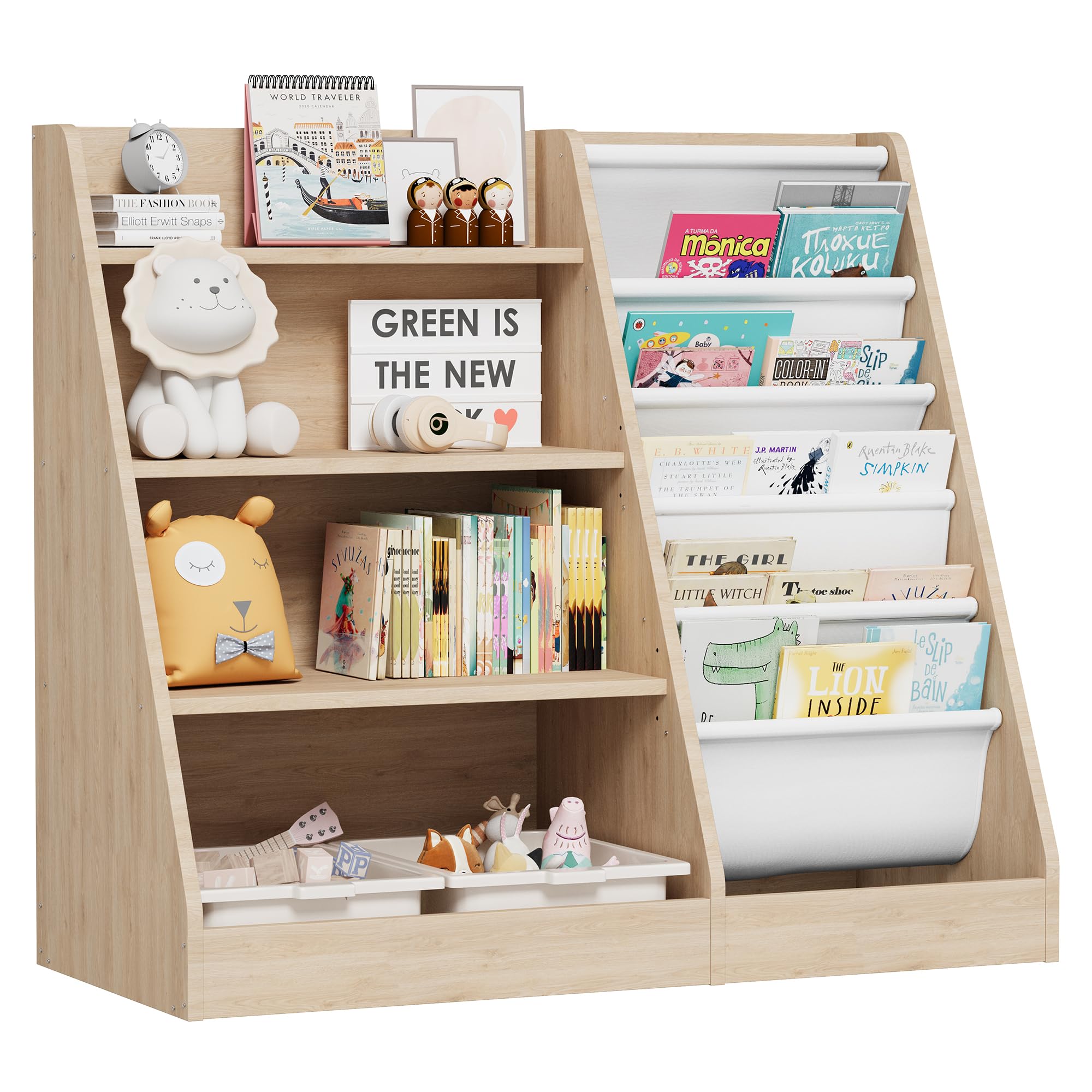 HedoAjim 4 Tier Kids Wooden Bookshelf,Five Layer Sling Children Bookcase,Baby Storage Book Rack,Book and Toy Organizer Cabinet Chest,Book Display Shelf,Playroom Nursery Classroom Library