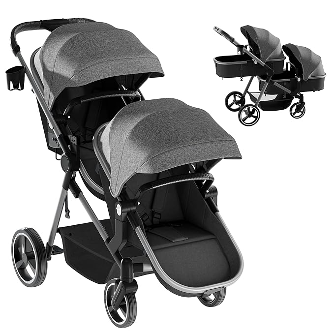 MU Double Stroller, Foldable Twin Tandem Stroller with Adjustable Backrest, Reversible Seat, 5-Point Harness, Storage Basket, Convertible Baby Bassinet for Infant and Toddler, Gray
