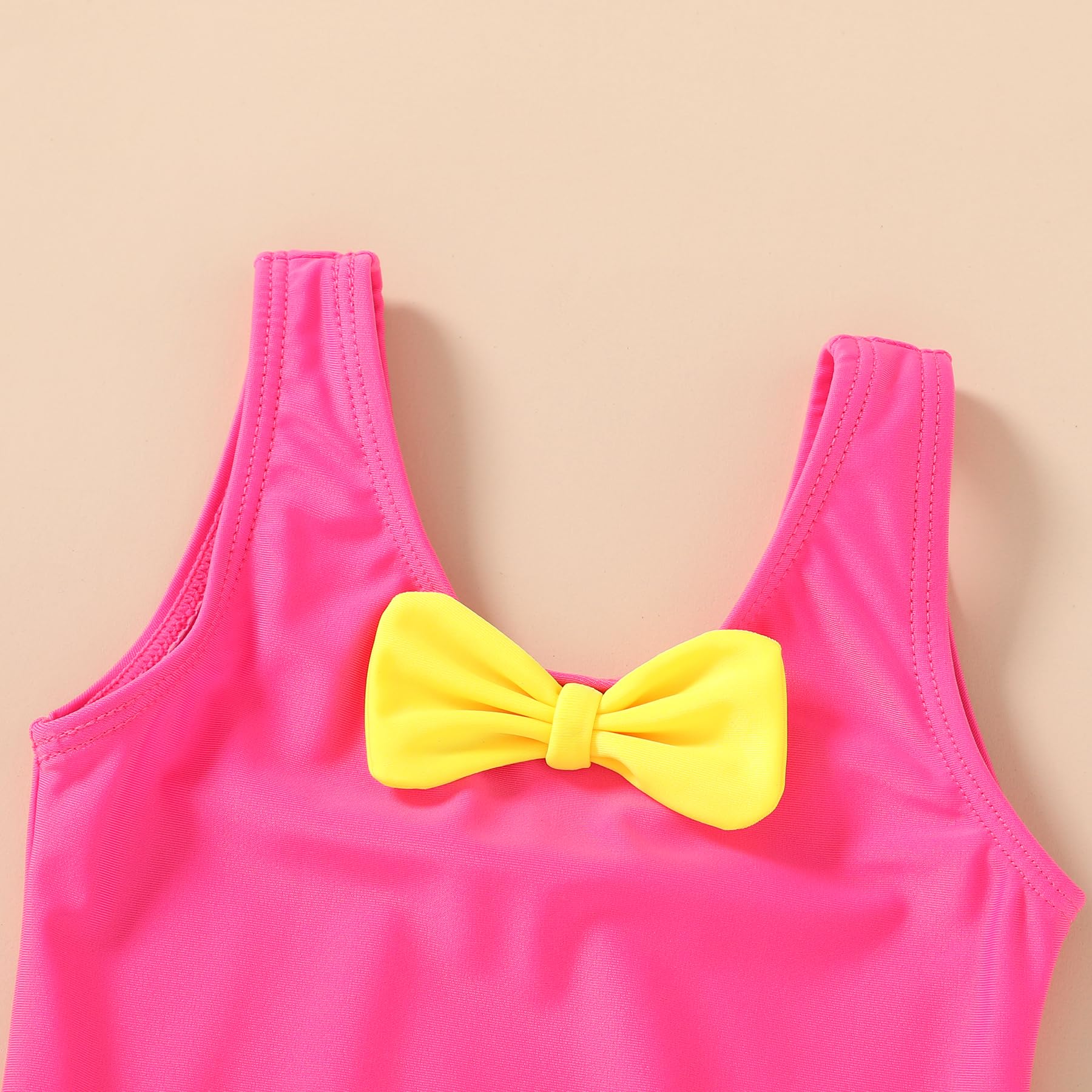 YOUNGER TREE Toddler Swimsuit Girl Cute Stripe One-Piece Ruffle Swimwear Baby Girl Bathing Suits with Bow(4-5T,Hot Pink and Yellow Bow)