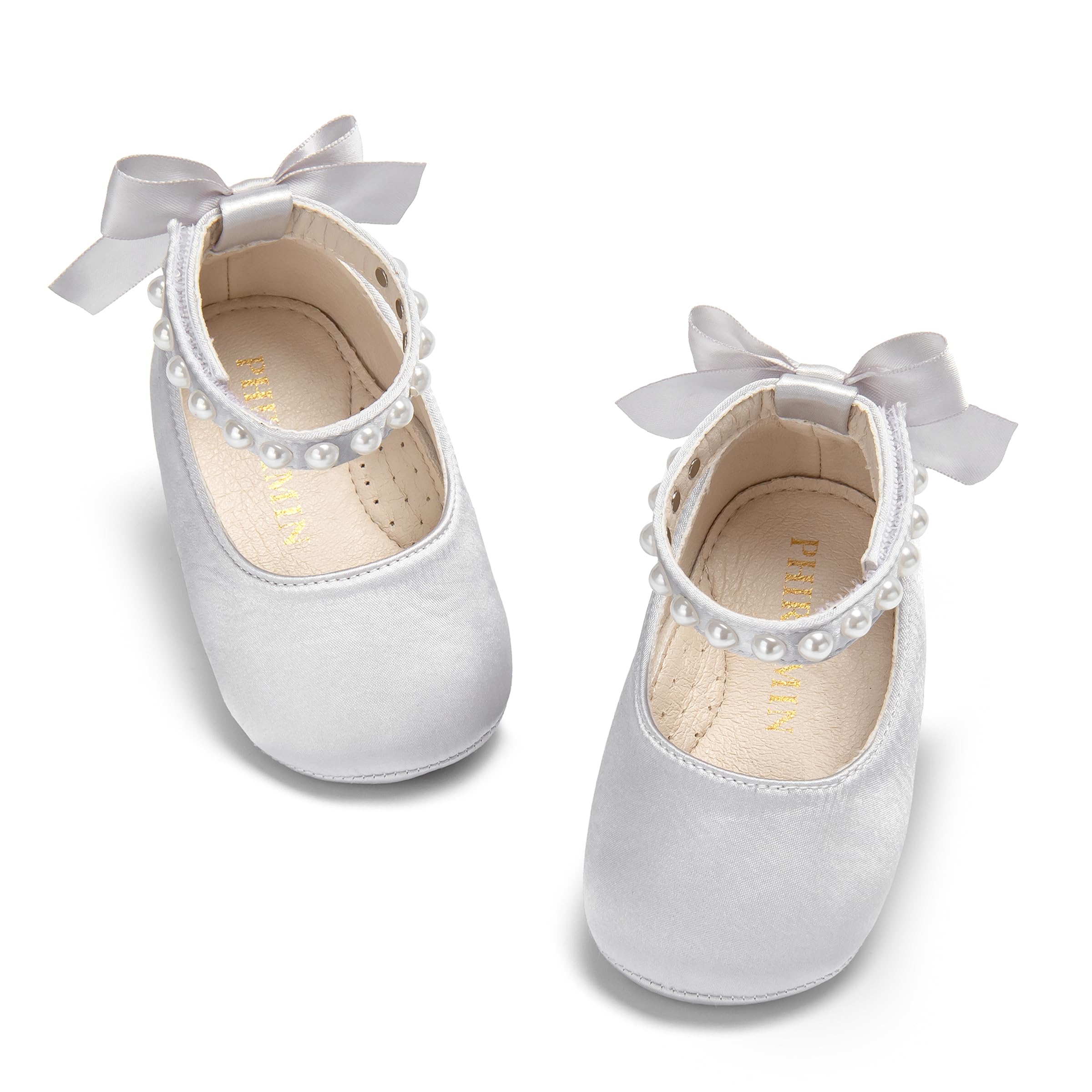PHIRAMIN Baby Girls Silver Grey Mary Jane Flats - Infant 12-18 Months Walking Shoes Soft Rubber Sole Princess Wedding