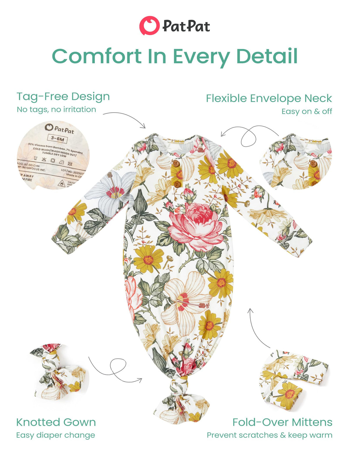 PATPAT Baby Sleeper Gown with Bamboo Viscose for Newborn Girls Boys, Knotted Nightgown with Mittens for Infant Home Coming, Onyx-Hat, 0-3M