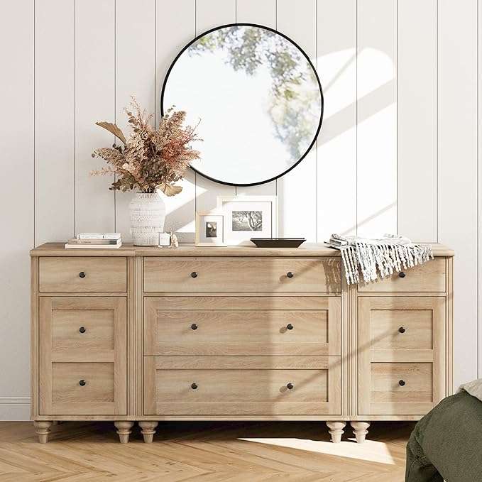 WAMPAT Dresser with Wide Chest of Drawers for Bedroom, End Table with Charging Station for Living Room, Mid Century Modern Kids Dressers for Nursery with 5 Drawers and 2 Storage Cabinet, Oak