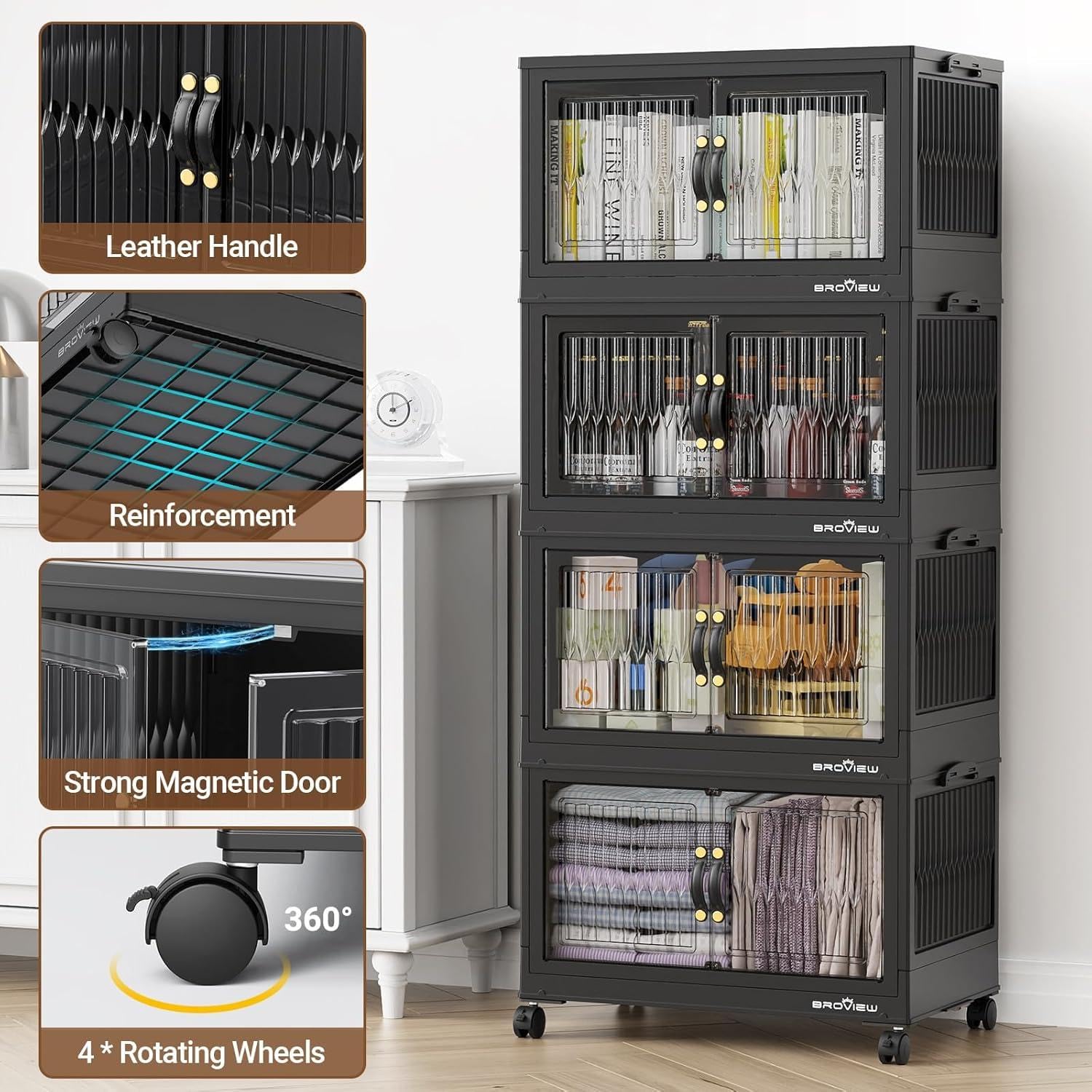 BROVIEW 320Qt Stackable Storage Bins with Lid, Extra Large Closet Organizer Collapsible Drawer Boxes with Wheels, Folding Plastic Cabinet Containers for Home Kitchen Room Organization, 4Pack Black