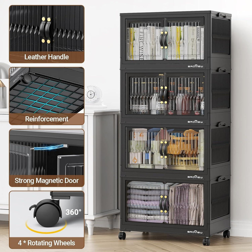 BROVIEW 320Qt Stackable Storage Bins with Lid, Extra Large Closet Organizer Collapsible Drawer Boxes with Wheels, Folding Plastic Cabinet Containers for Home Kitchen Room Organization, 4Pack Black