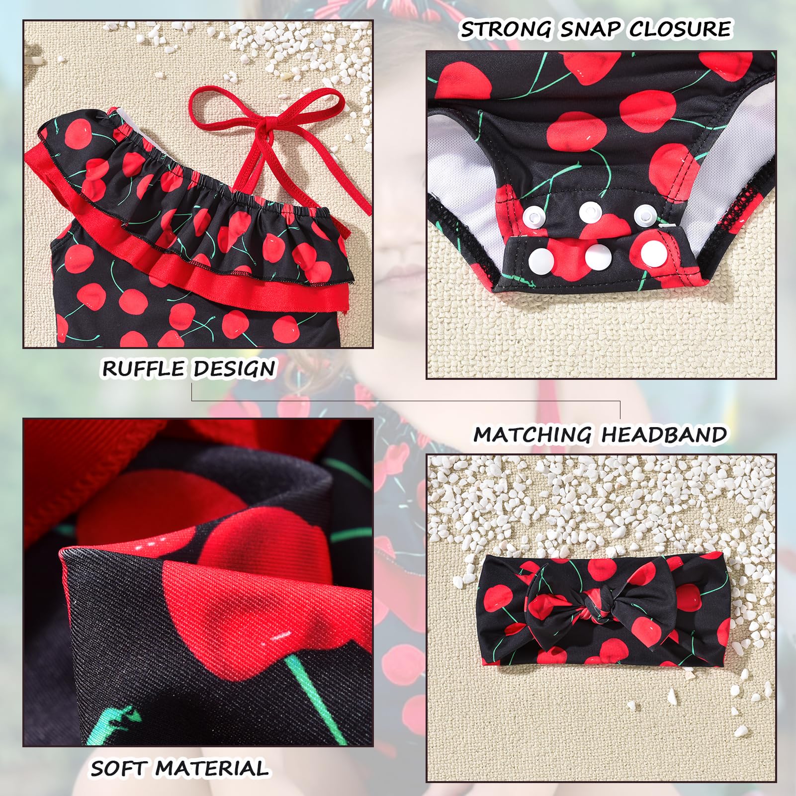 HINTINA 12 Month Baby Girls One Piece Swimsuits Infant Cherry Bathing Suit Off Shoulder Swimwear Swimming Beach Wear with Headband 12-18 Months