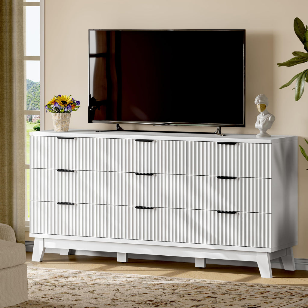 Xixini Fluted Dresser with 9 Drawers, 63" Wide Modern Chest of Drawers with Metal Handle, Wooden Dresser TV Stand, Wood Closet Clothes Storage Organizer for Bedroom, Living Room, Hallway, Solid White