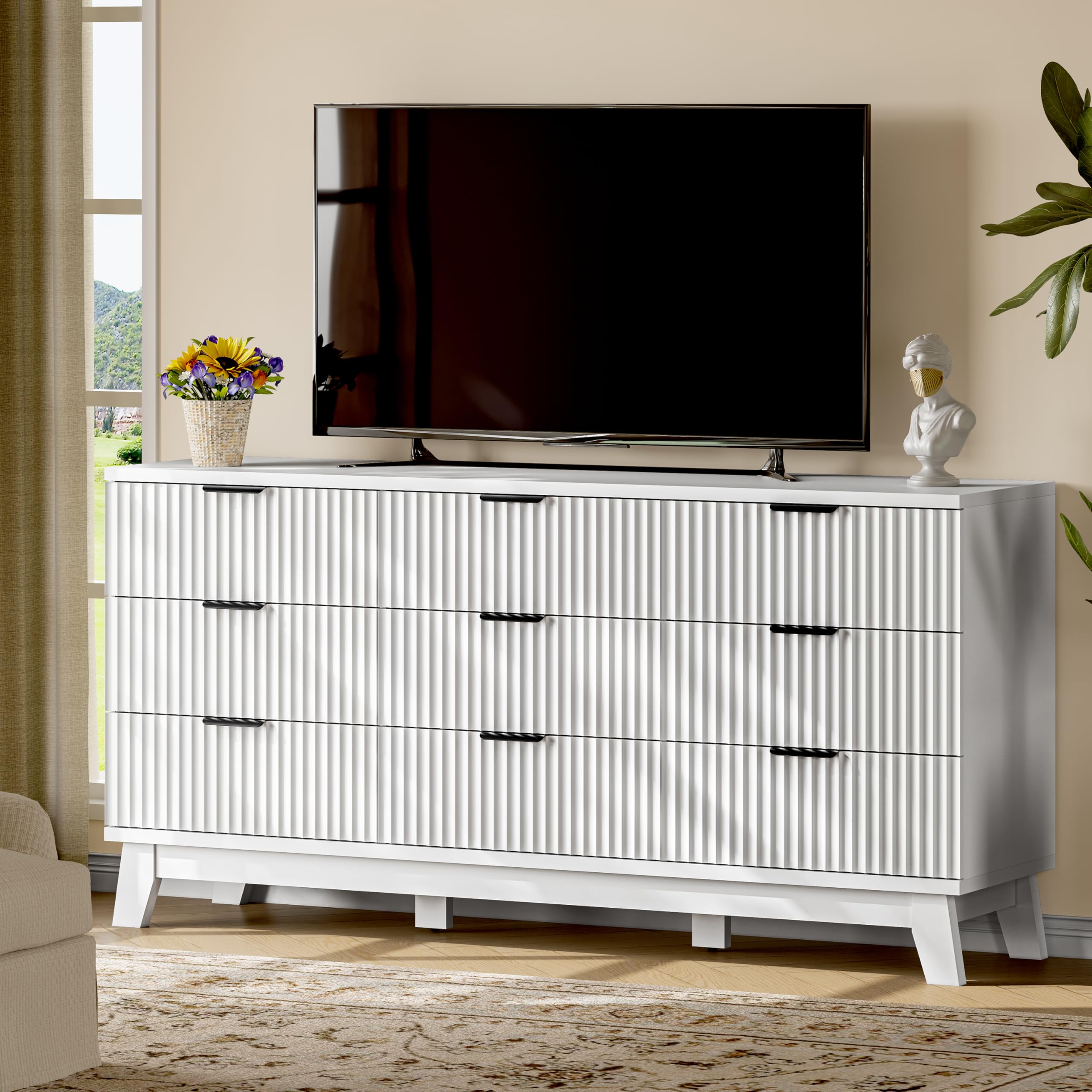 Xixini Fluted Dresser with 9 Drawers, 63" Wide Modern Chest of Drawers with Metal Handle, Wooden Dresser TV Stand, Wood Closet Clothes Storage Organizer for Bedroom, Living Room, Hallway, Solid White