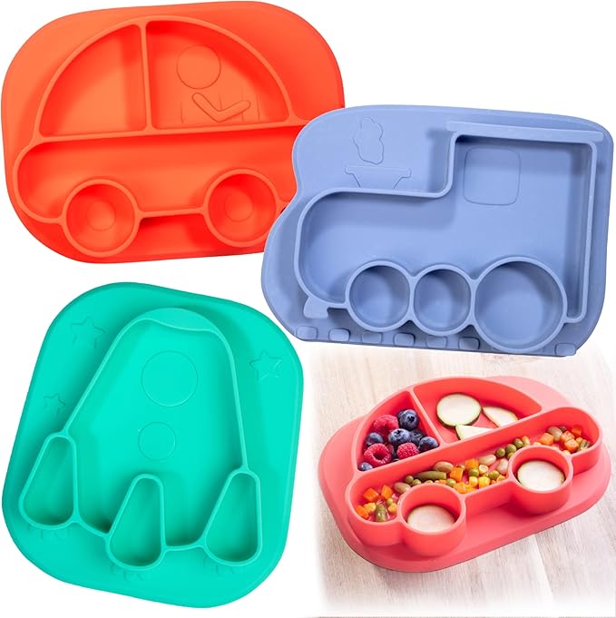 Vehicle Silicone Compartment Plates- 3 PK Car, Train, Rocket- Large Divided Sections for Easy Grabbing Baby Food Training, Non-Slip Unbreakable Material, Flexible Shapes for Toddlers, Kids- BPA Free