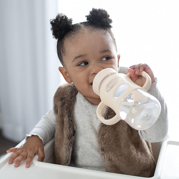 Dr. Brown's Milestones Wide-Neck Sippy Spout Bottle with 100% Silicone Handles, Easy-Grip Handles with Soft Sippy Spout, 9oz/270mL, Black & Ecru, 2-Pack, 6m+