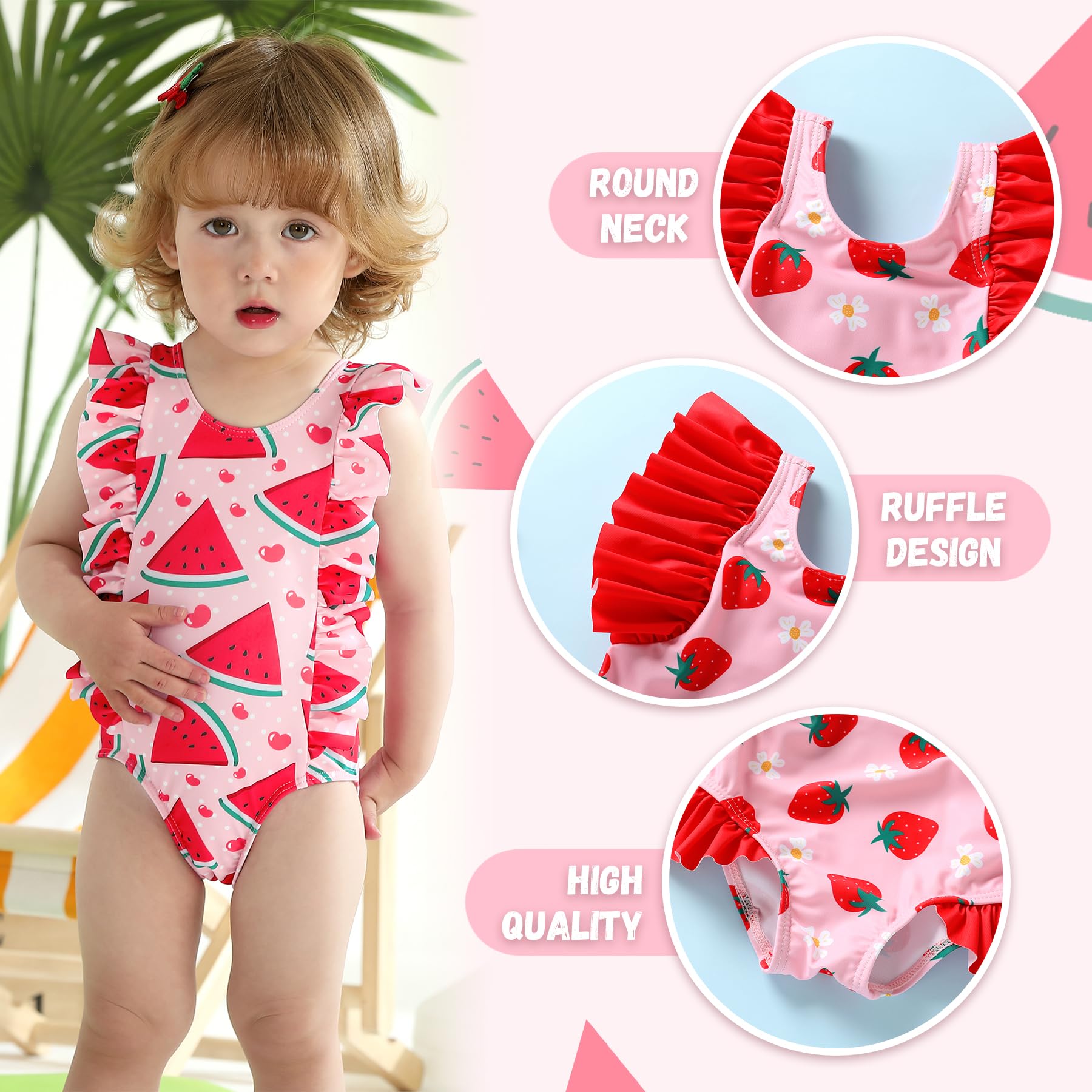 Newborn Baby Girl Ruffle Swimsuit Infant Toddler One Piece Floral Bikini Beach Bathing Swimwear Set(Watermelon Red,12-18 Months)