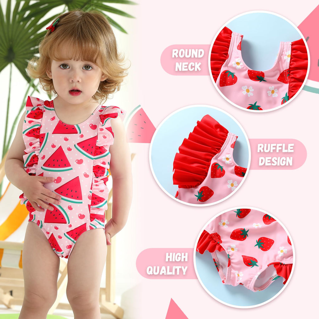 Newborn Baby Girl Ruffle Swimsuit Infant Toddler One Piece Floral Bikini Beach Bathing Swimwear Set(Watermelon Red,12-18 Months)