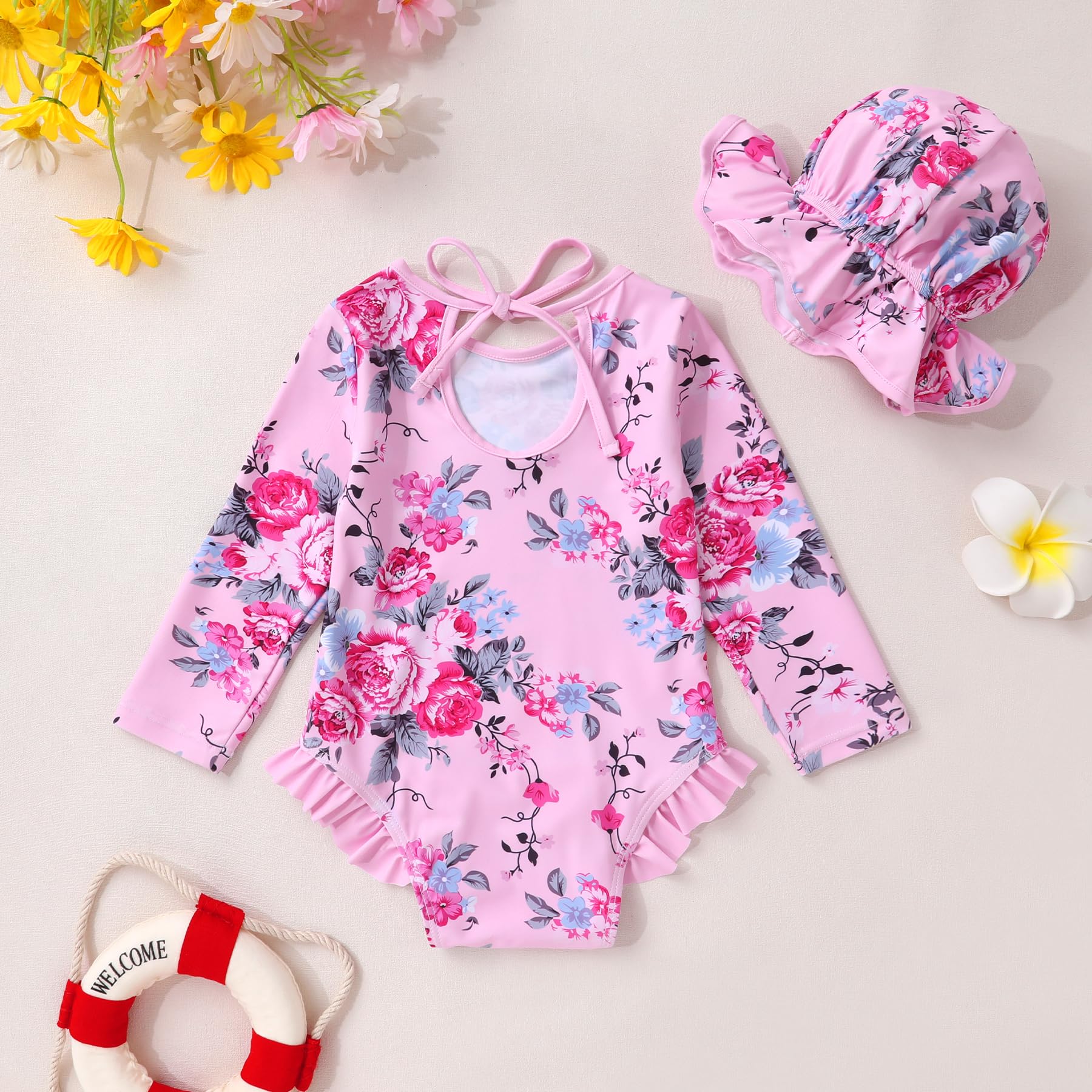 Infant Baby Girls Long Sleeve One Piece Swimsuit with Hat Floral Zipper Bathing Suit Leopard Beach Wear (Pink Edged Big Flower，3-6Months)