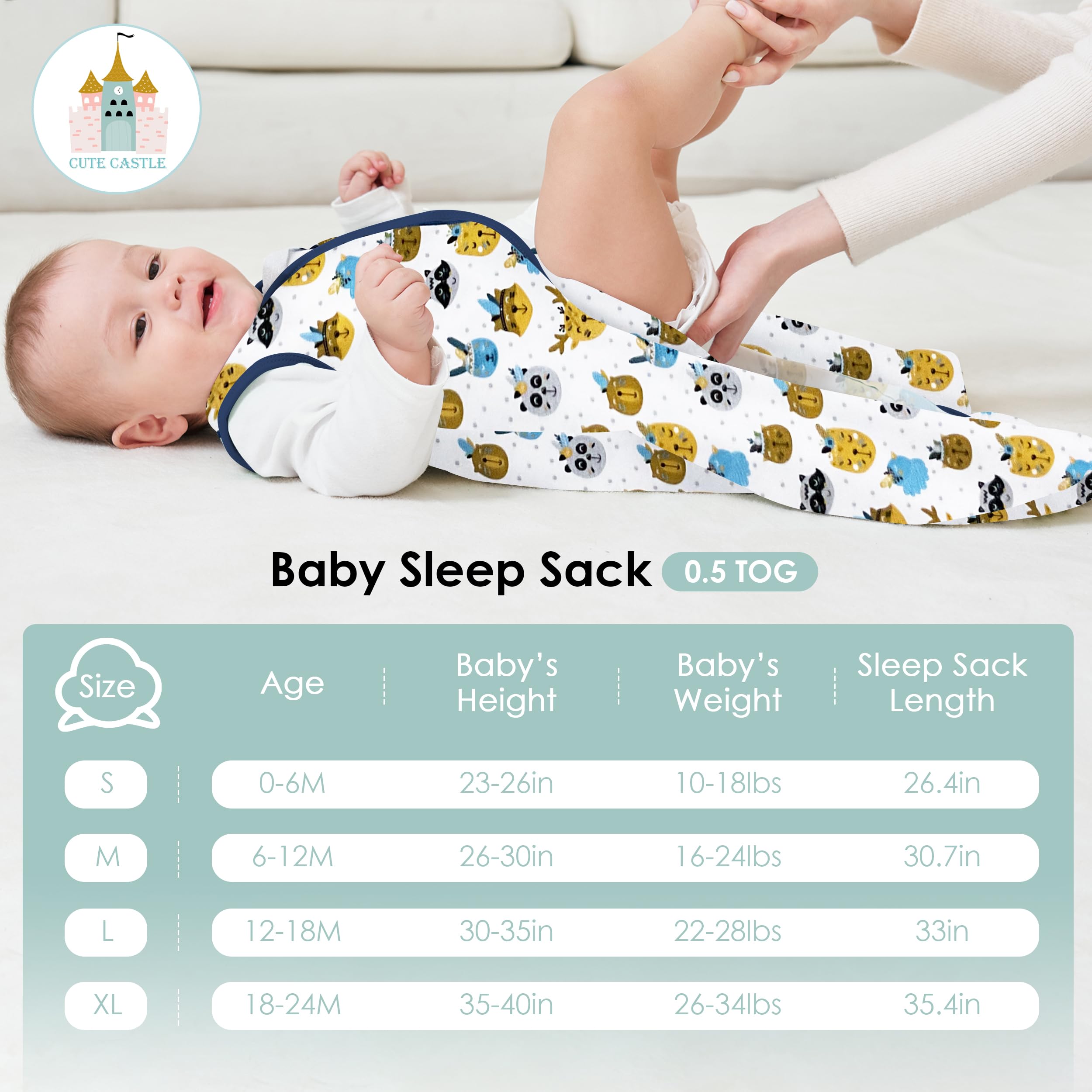 Cute Castle Baby Sleep Sack 18-24 Months - Lightweight 100% Cotton 2-Way Zipper TOG 0.5 Infant Wearable Blanket, Newborn Essentials Toddler Sleep Clothes, 3 Pack(Blue, Balloons, Animals)