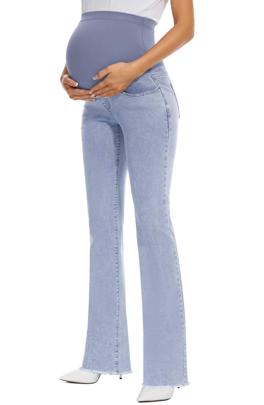 GLAMIX Women's Stretch Maternity Bootcut Jeans with Pockets Over The Belly Bell Bottoms Flare Denim Pants Pregnancy Clothes(Light Blue (Frayed Hem), M)