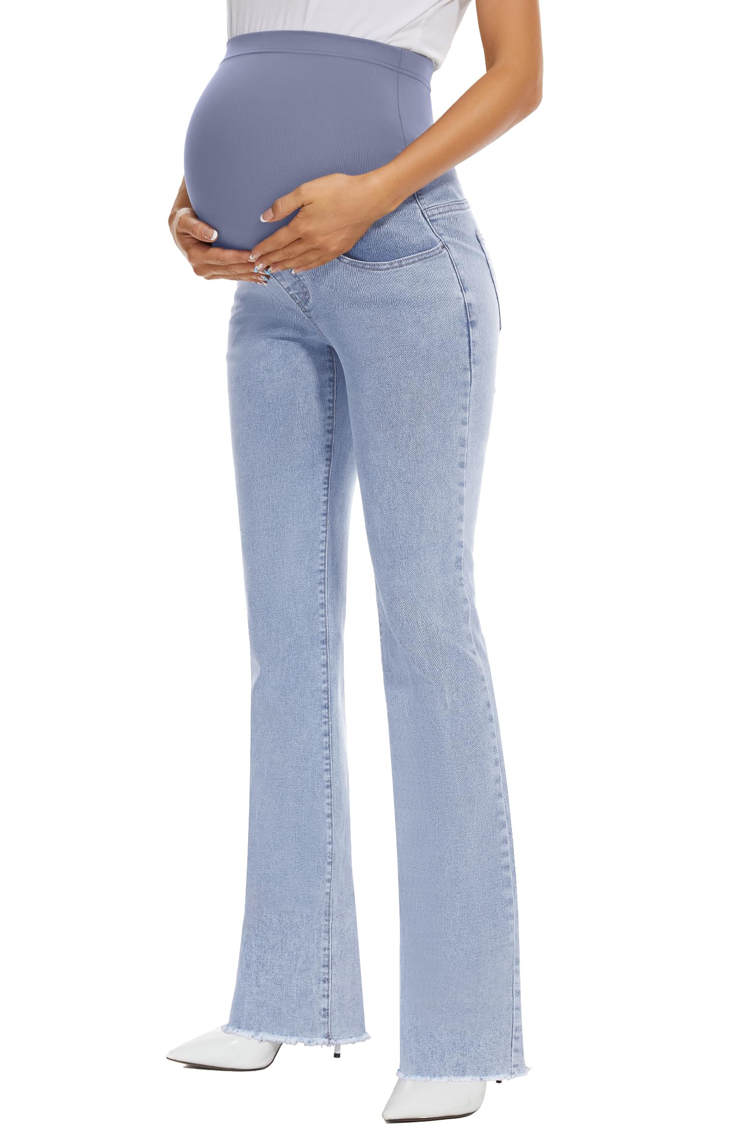 GLAMIX Women's Stretch Maternity Bootcut Jeans with Pockets Over The Belly Bell Bottoms Flare Denim Pants Pregnancy Clothes(Light Blue (Frayed Hem), M)