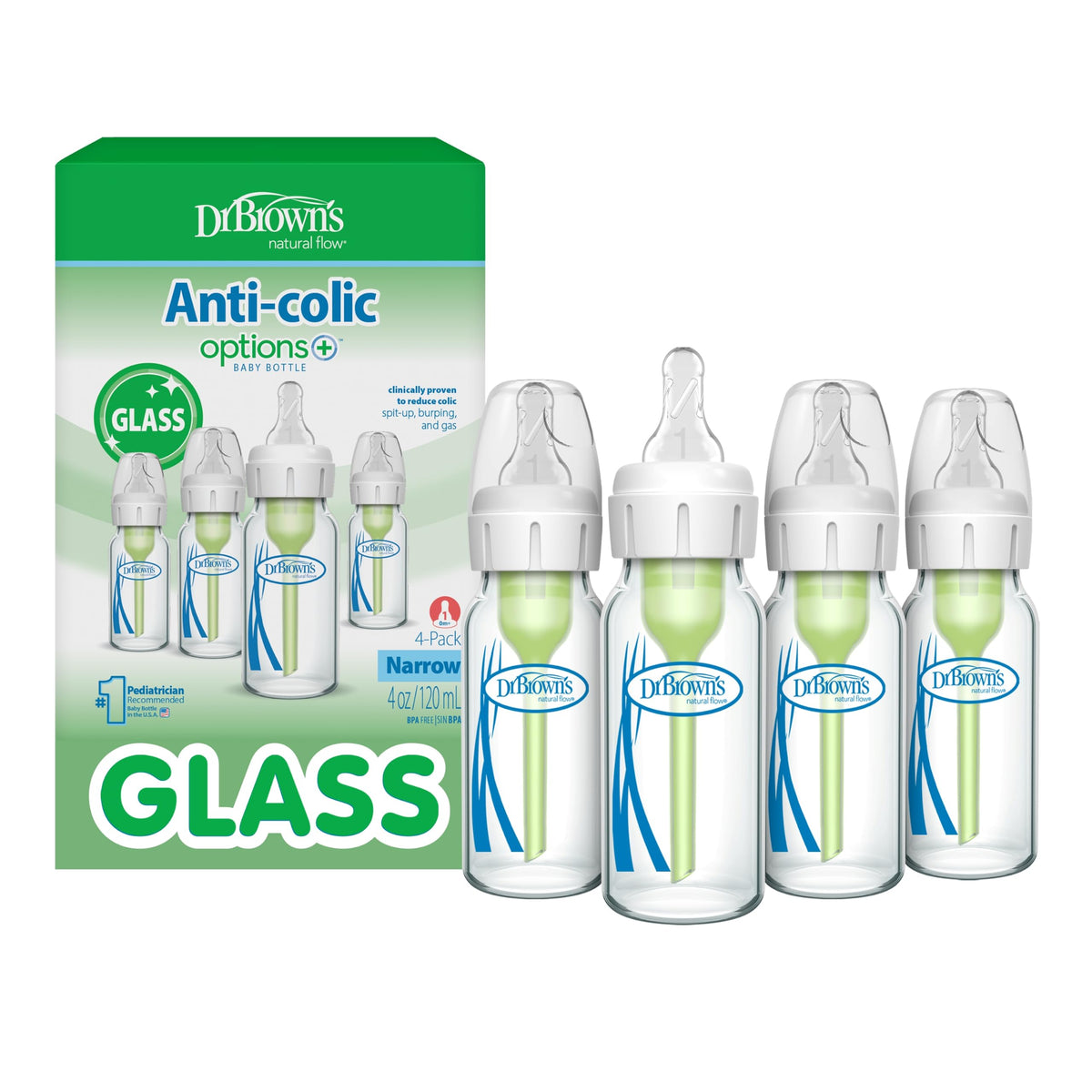 Dr. Brown's Anti-Colic Options+ Narrow Glass Baby Bottle, 8 oz, 4-Pack