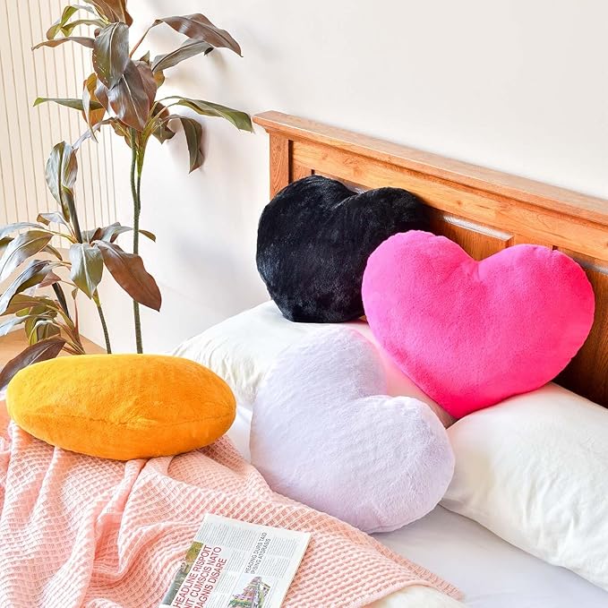Hot Pink Heart Pillows, Cute Heart Decorative Pillow, Heart Shaped Throw Pillows for Bed, Faux Rabbit Fur Plush Hoom Decor Pillow Cushion for Chair Sofa Living Room (Mini 12.9" x 9.8")