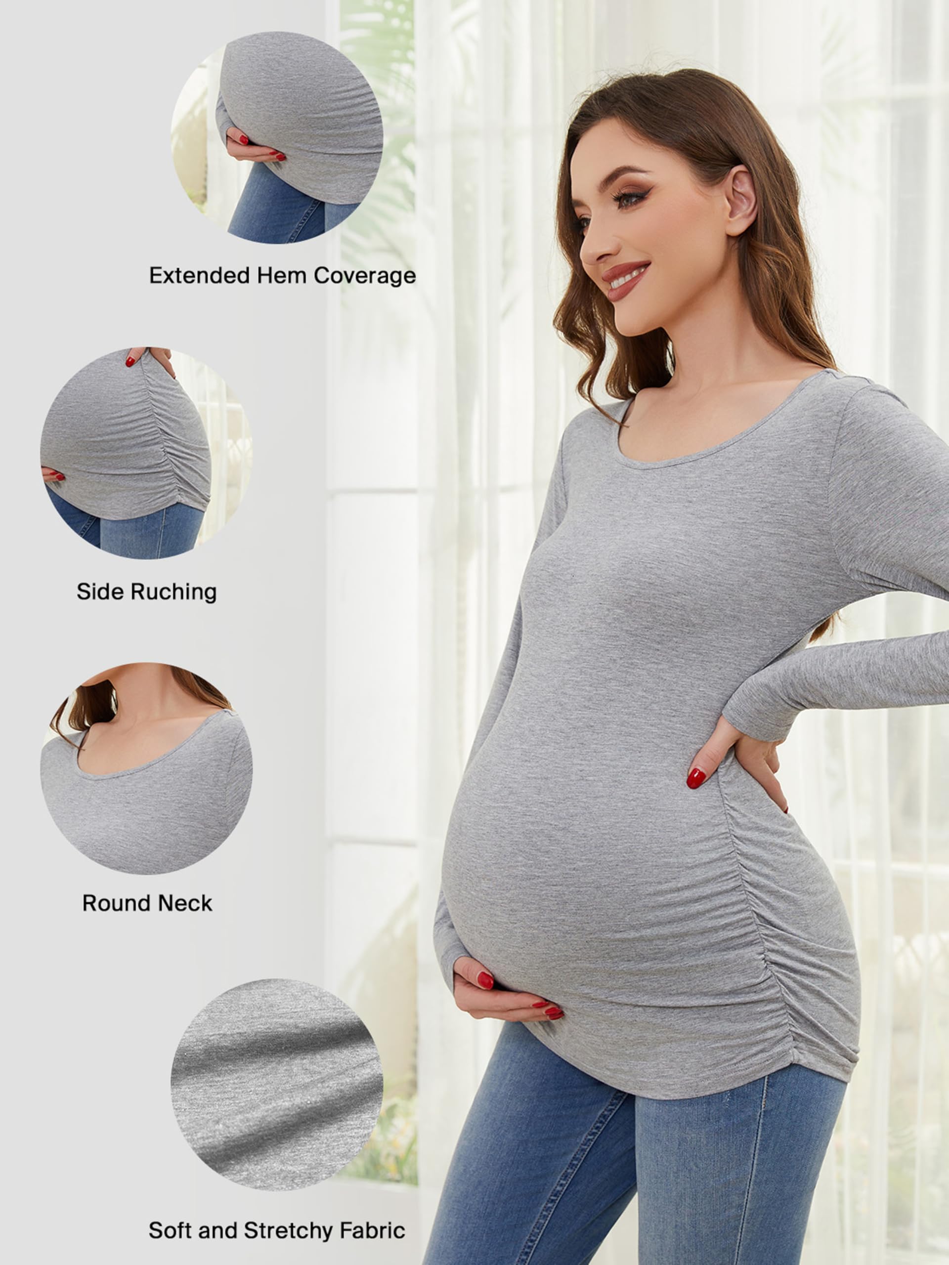 Ecavus Women's 4-Pack Maternity Shirts Long Sleeve Soft Stretchy Pregnancy Tops Side Ruched Casual Mama Clothes