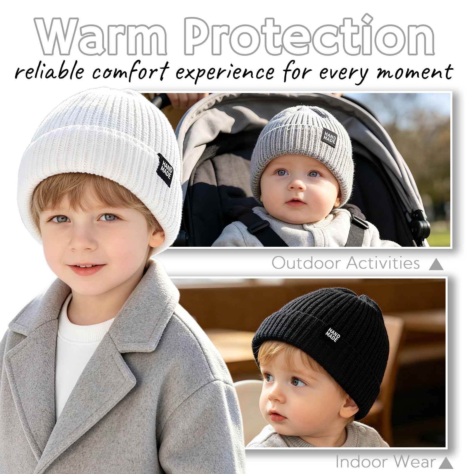 JANGANNSA Simple Knitted Baby Beanie Hip-Hop Boys Winter Hat Toddler Kids Bonnet for Girls 0-5Y (Black+Light Gray+White, S)