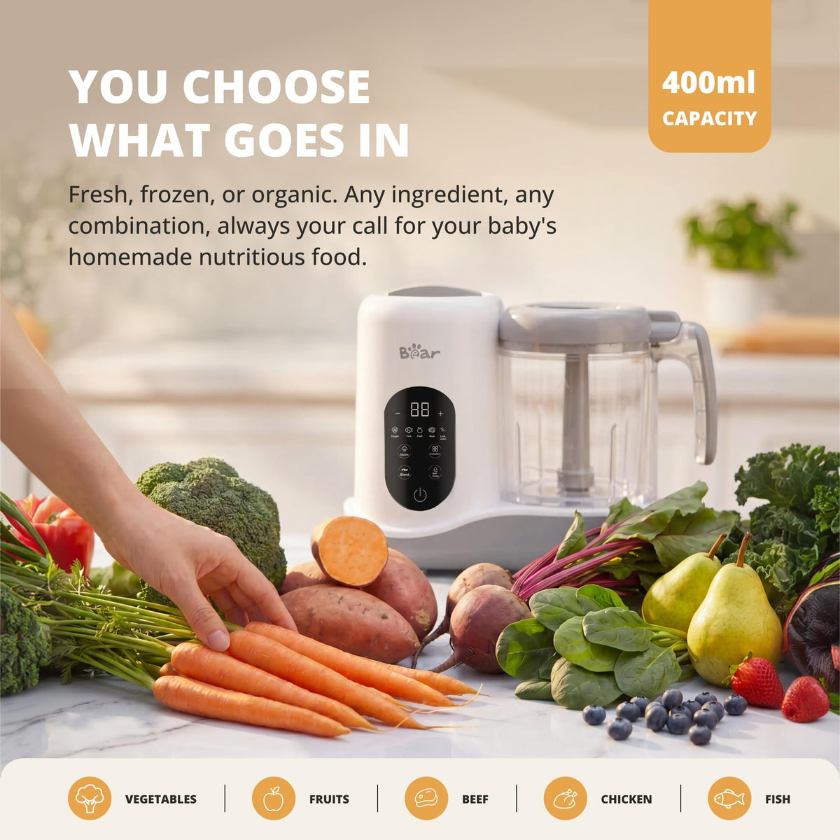 BEAR 2024 Baby Food Maker, One-Step & Easy to Use, Smart Touchscreen, White