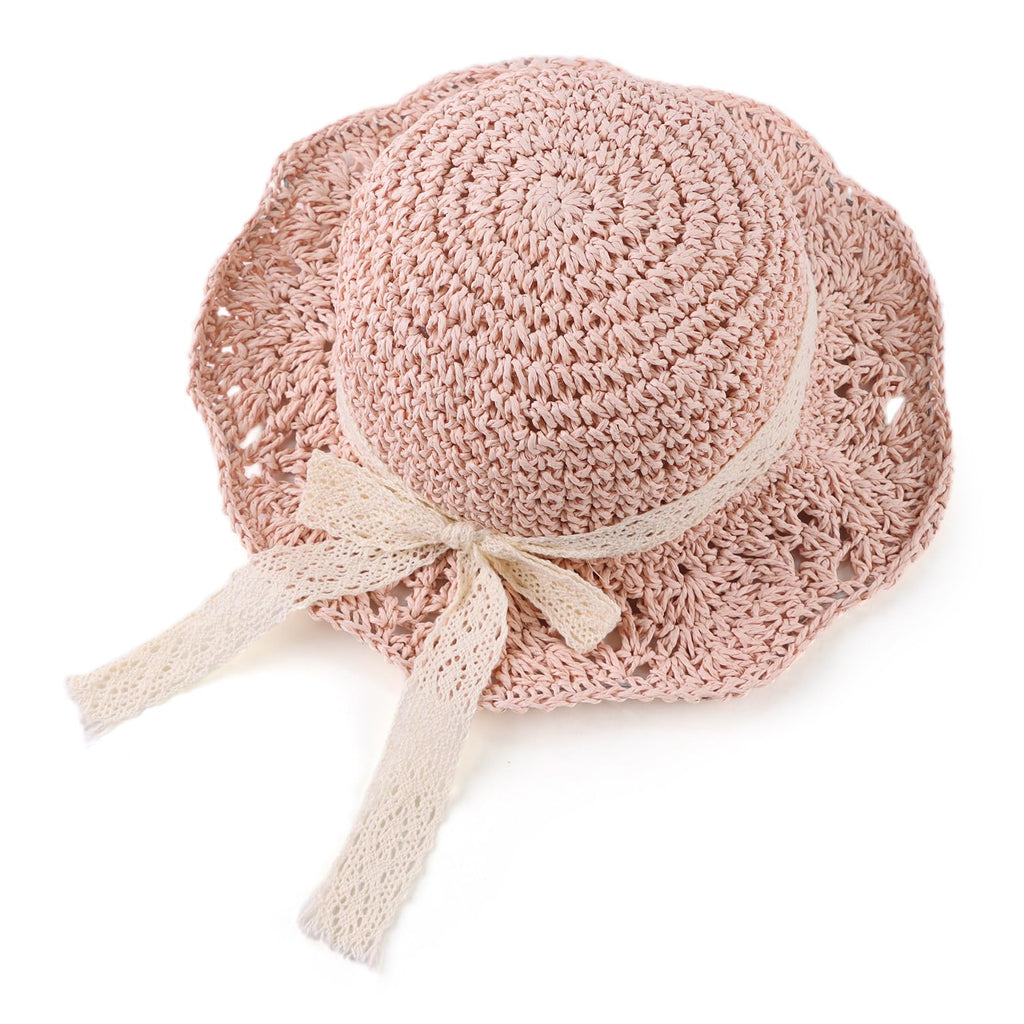 JANGANNSA Baby Girl Straw Hat Outdoor Baby Sun Protection Hats Summer Bowknot Beach Cap for Infant Toddler Girls(Lace Bow-Pink,2-5 Years)