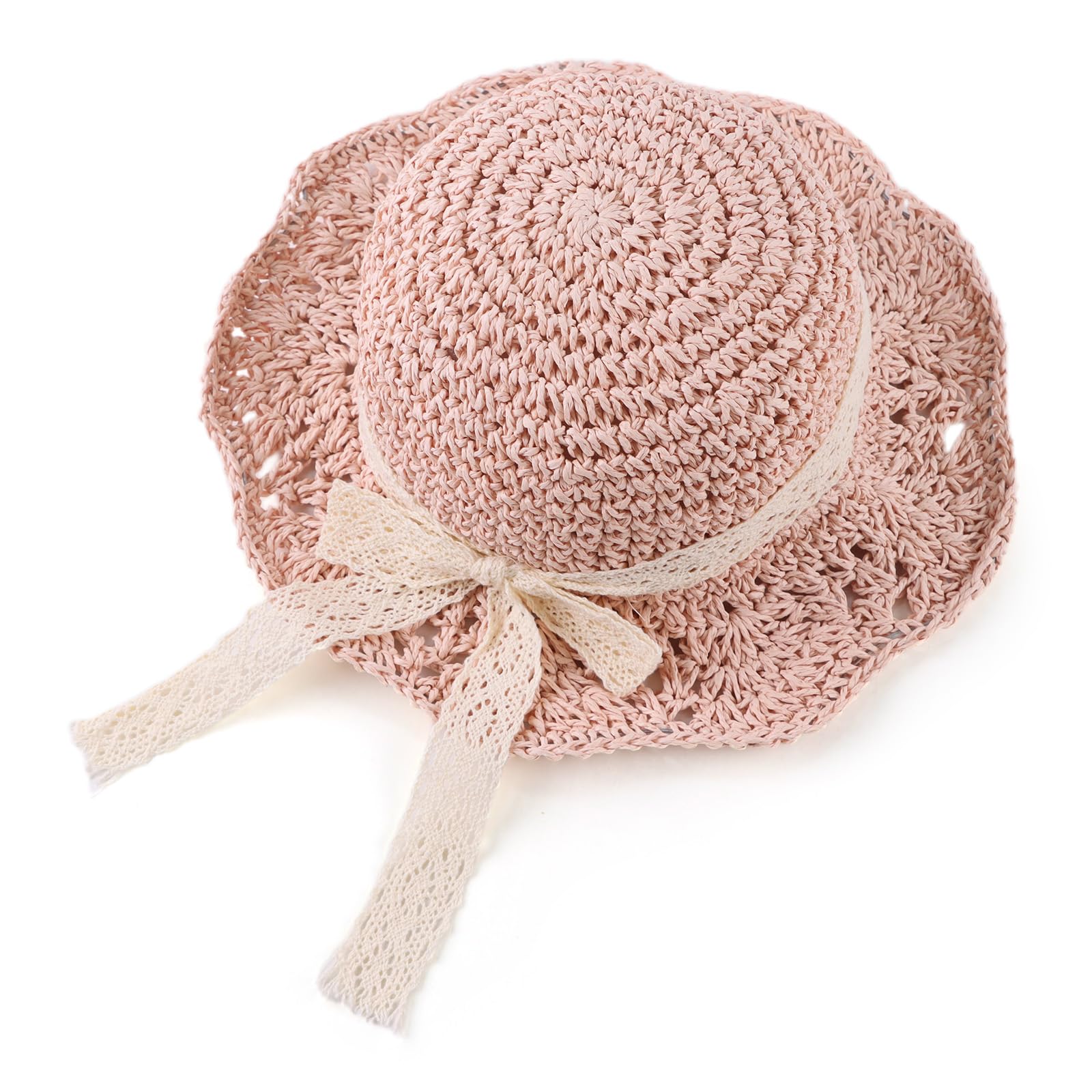 JANGANNSA Baby Girl Straw Hat Outdoor Baby Sun Protection Hats Summer Bowknot Beach Cap for Infant Toddler Girls(Lace Bow-Pink,2-5 Years)