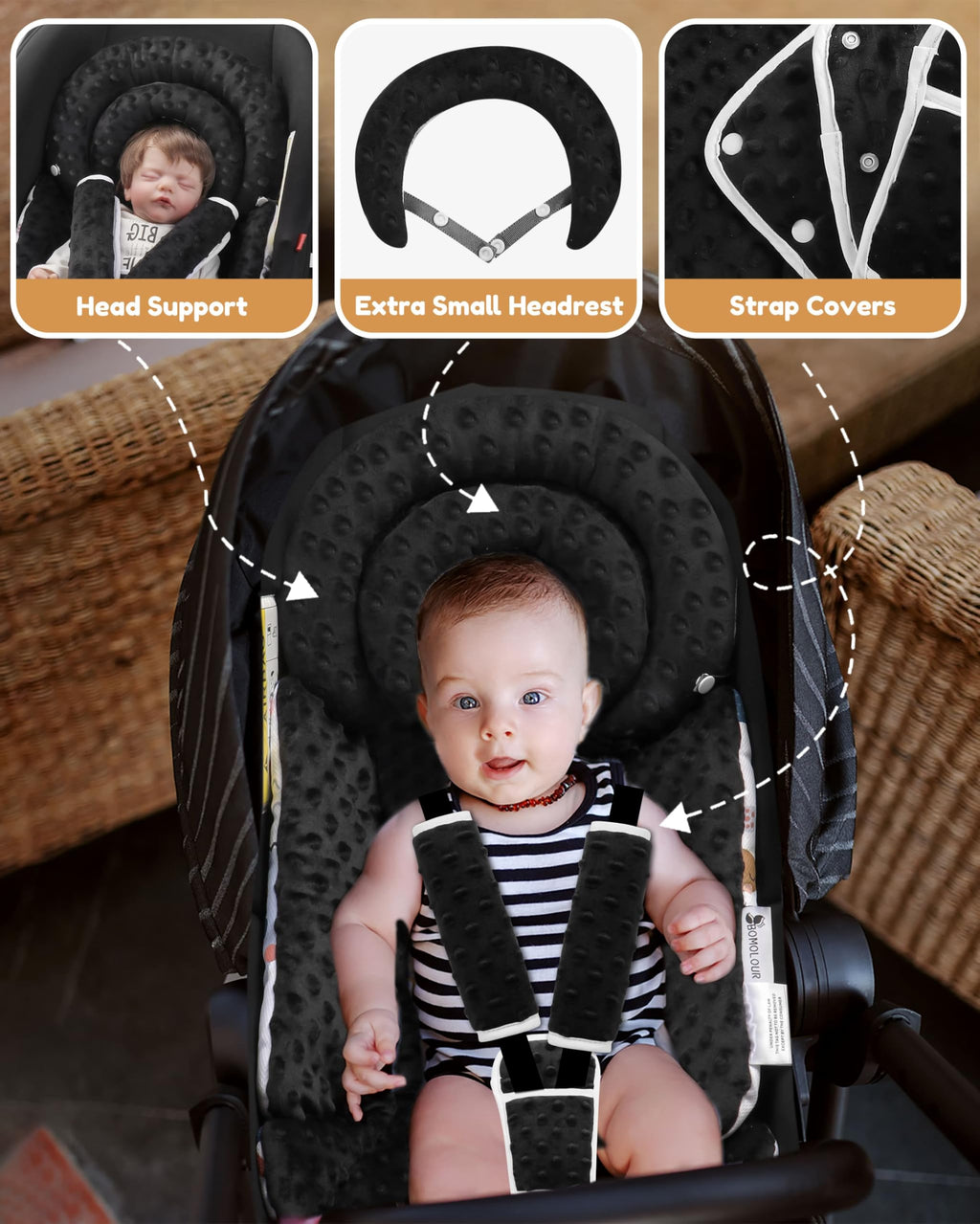 BOMOLOUR Infant Car Seat Insert for Baby Head Body Support, Black