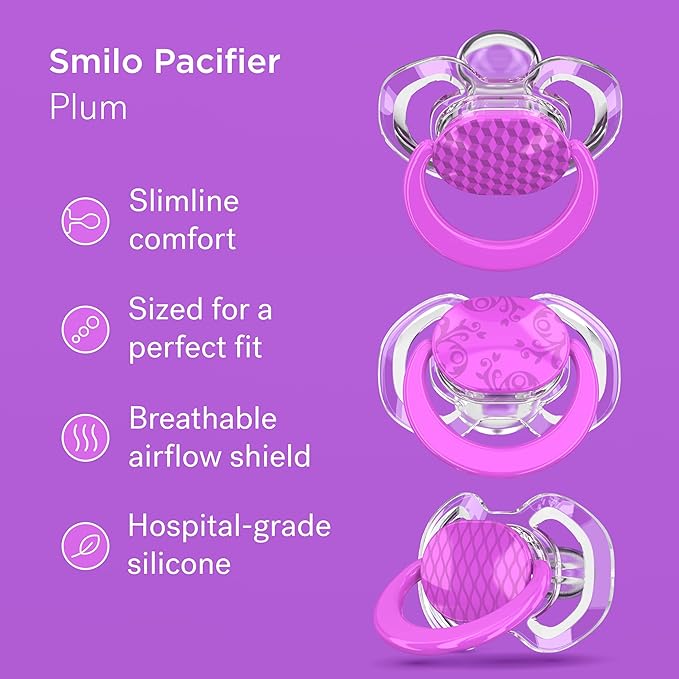 Smilo Baby Pacifier with Orthodontic Design for Healthy Dental Development - Stage 2 for Babies 3-9 Months - Pack of 3X 100% Silicone Pacifiers BPA Free - Plum Purple