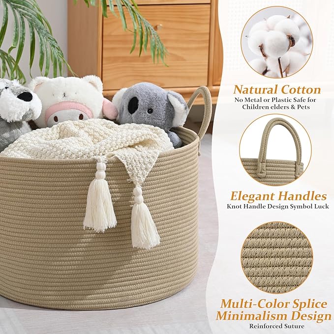 67L Storage Basket for Organizing, 20"×13" Large Laundry Baskets, Cotton Rope Woven Blanket Basket, Toy Storage for Kids, Collapsible Blankets Storage for Living Room, Nursery Room