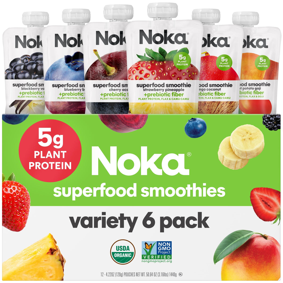 Noka Organic Superfood Smoothie Pouches, Healthy Snacks, Variety Pack 6pk