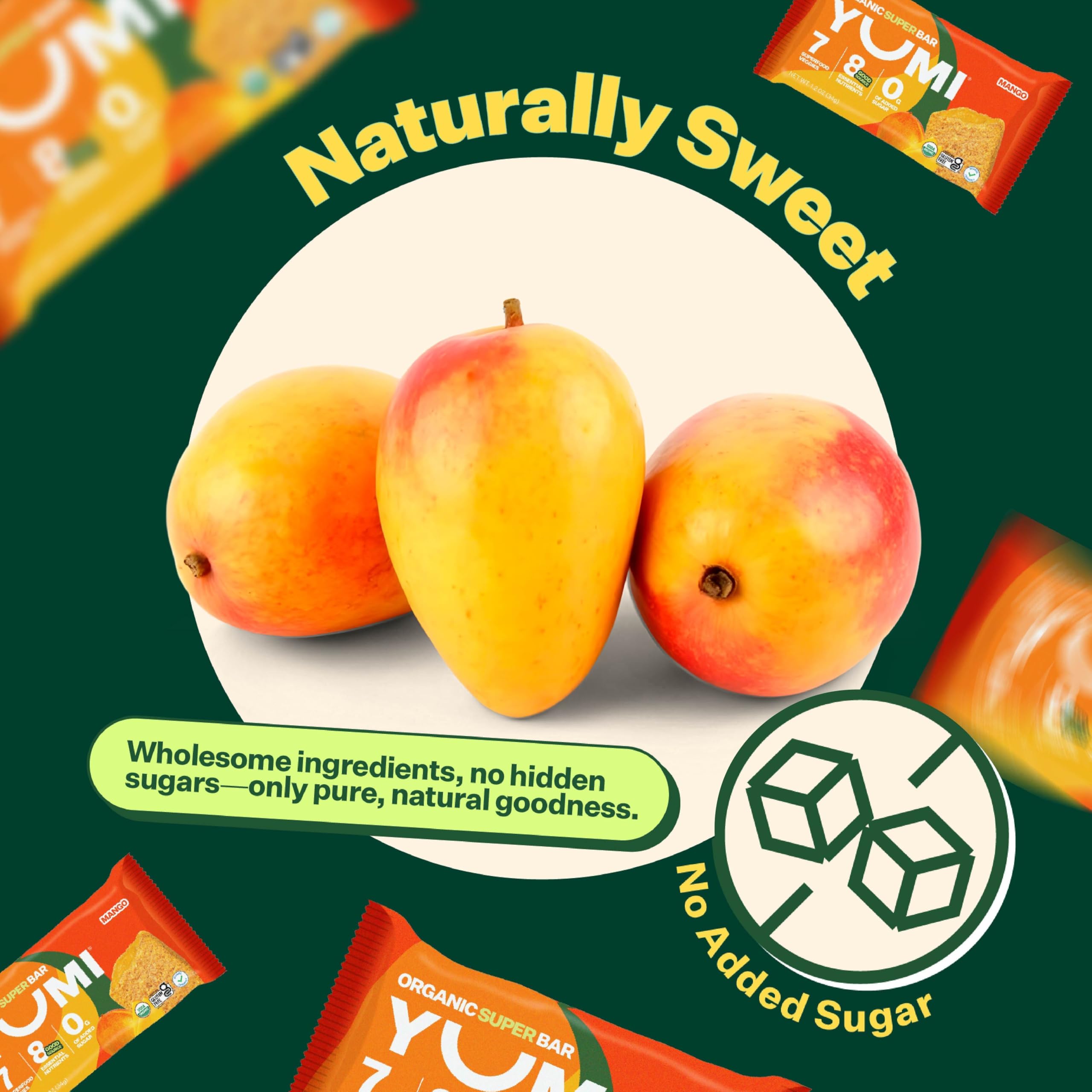 YUMI Organic Breakfast Superbar 7 Superfood Veggies High Fiber, Mango, 30CT