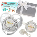 Personalized Pacifier and Pacifier Clip with Name, Bling Gold Pacifier Clip Set with Gift Box Greeting Card, Glitter Crystal Luxurious Dummy Ideal Gift for Boys Baby Shower Newborn Photography(Silver)