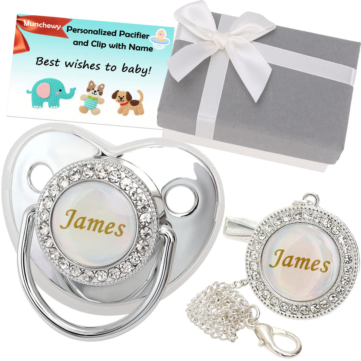 Munchewy Custom Baby Pacifier with Name and Clip for Newborns(White)