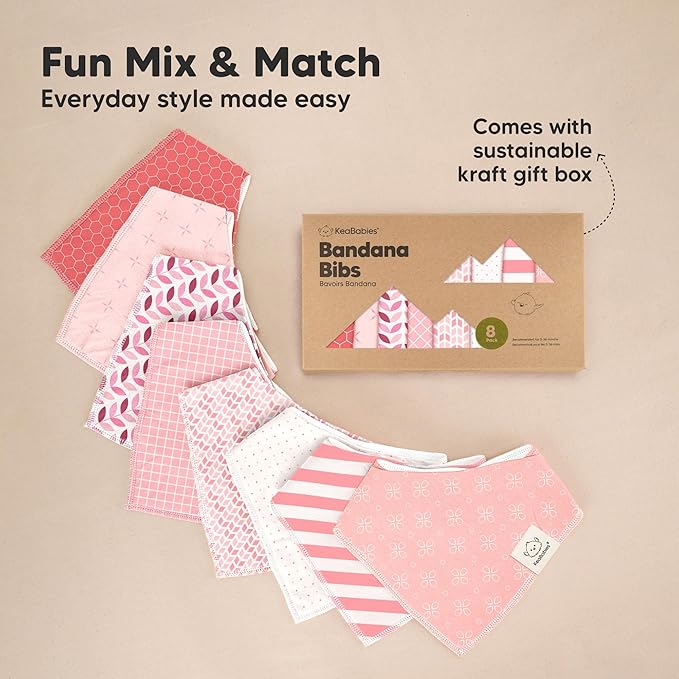 KeaBabies 8-Pack Organic Baby Bandana Bibs for Girls - Super Absorbent Triangle Baby Bibs for Drooling and Teething Infant, 100% Cotton Extra Soft for Newborn, Infant 0-36 Months (Blush)