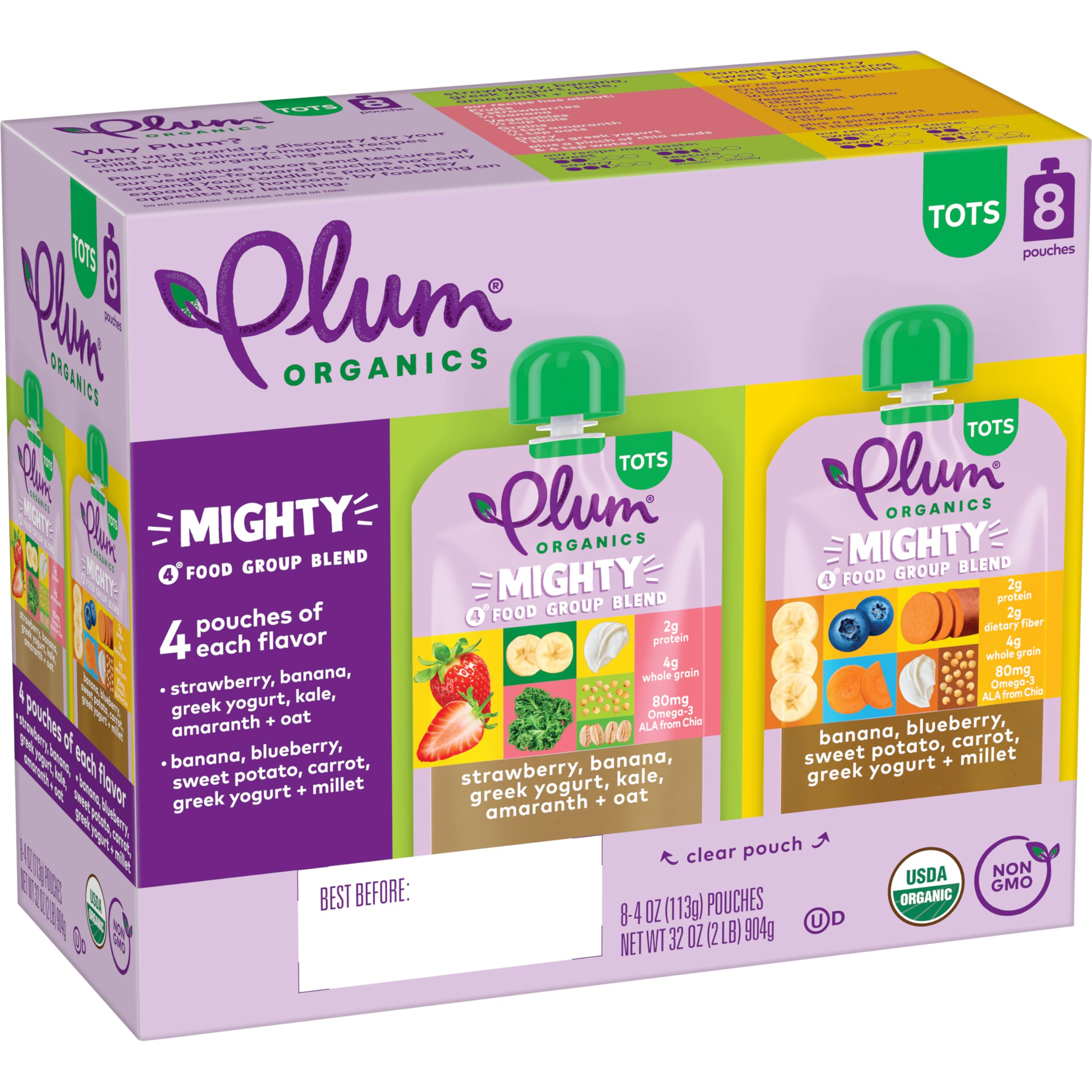 Plum Organics Variety Pack, 12+ Months Mighty 4 Food Group Blend, 8 Pack