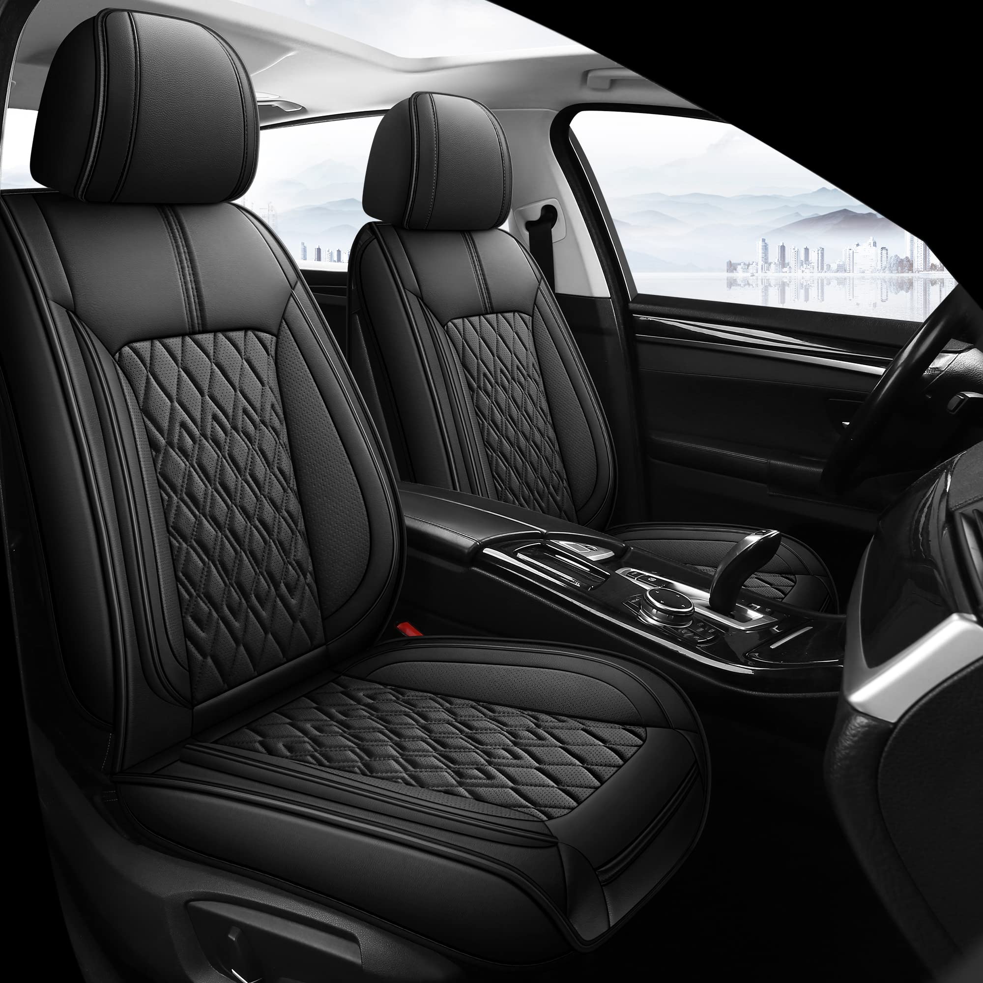 Pariitadin Leather Car Seat Covers Front Pair, Waterproof Breathable Faux Leather Automotive Seat Covers for Cars, Non-Slip Car Interior Covers Universal Fit Most Cars Sedans Trucks SUVs, Black