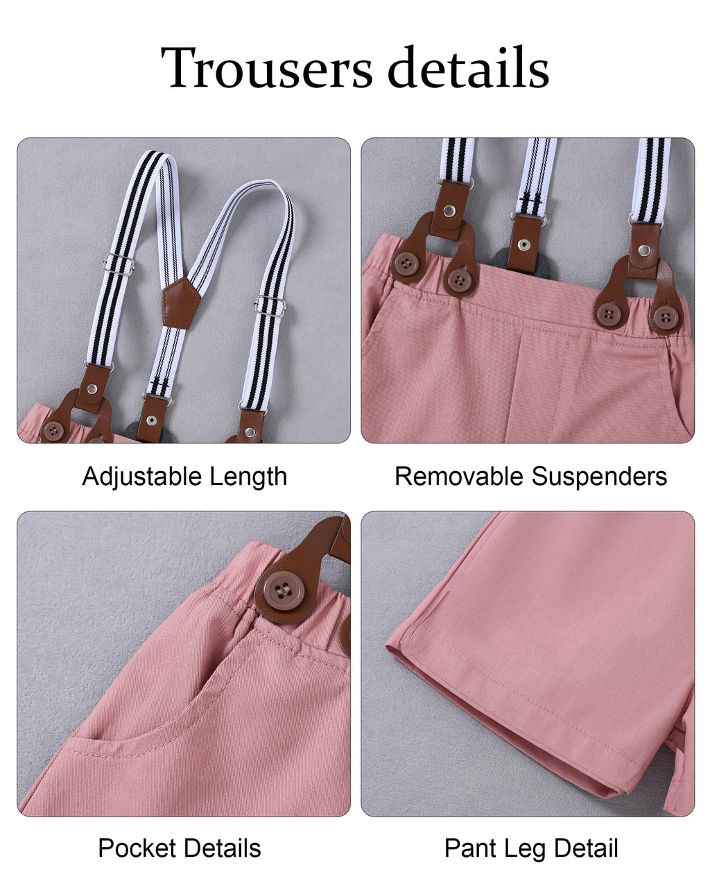 nilikastta Boy Dress Clothes Gentleman Wedding Outfits Pink Short Dress Shirt With Bowtie/Suspender Pants 5-6Years.