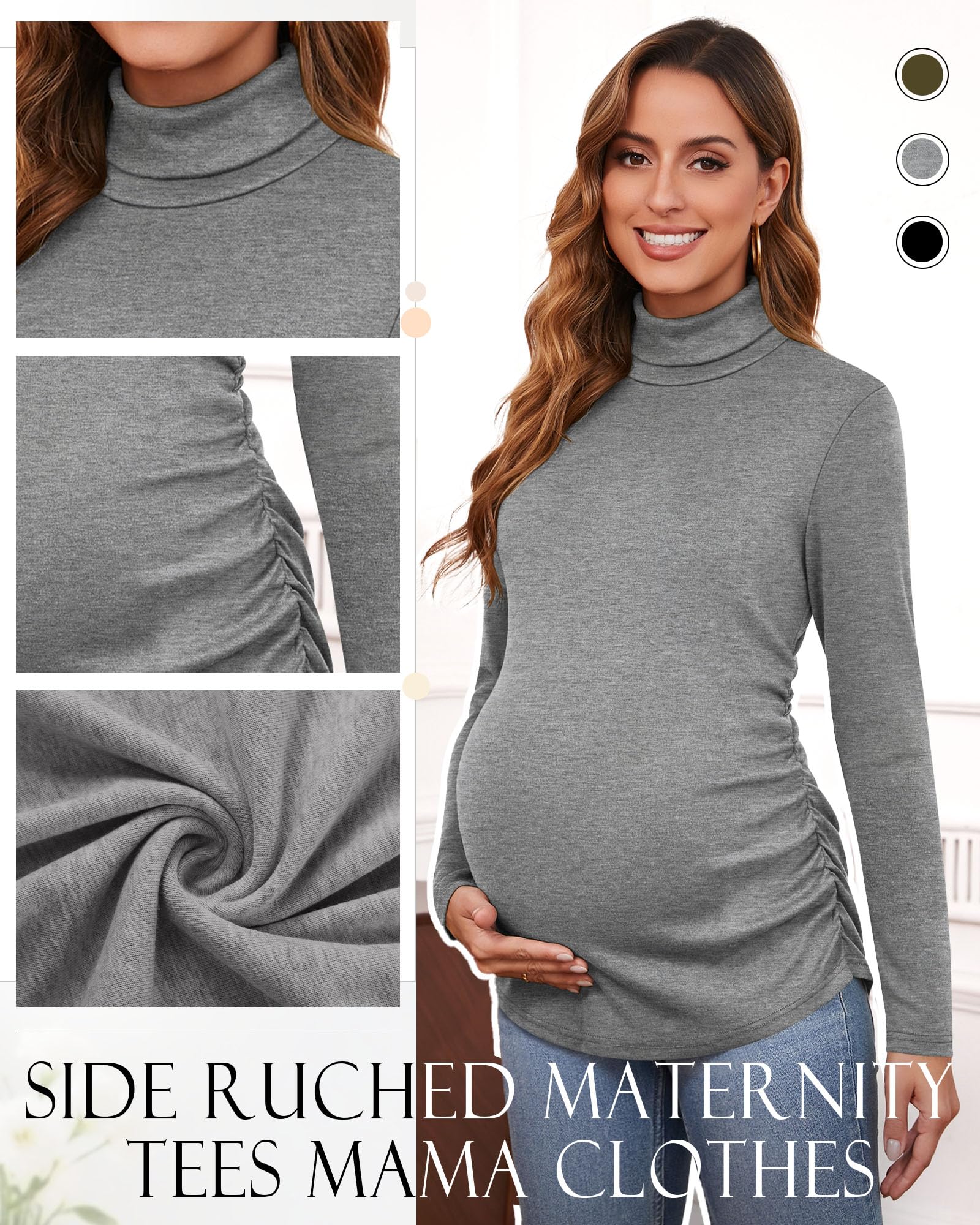 Ficerd 3 Pack Women's Maternity Shirts, Turtleneck Long Sleeve Pregnancy Tops Casual Side Ruched Maternity Tees Mama Clothes(Black, Light Gray, Army Green,X-Large)