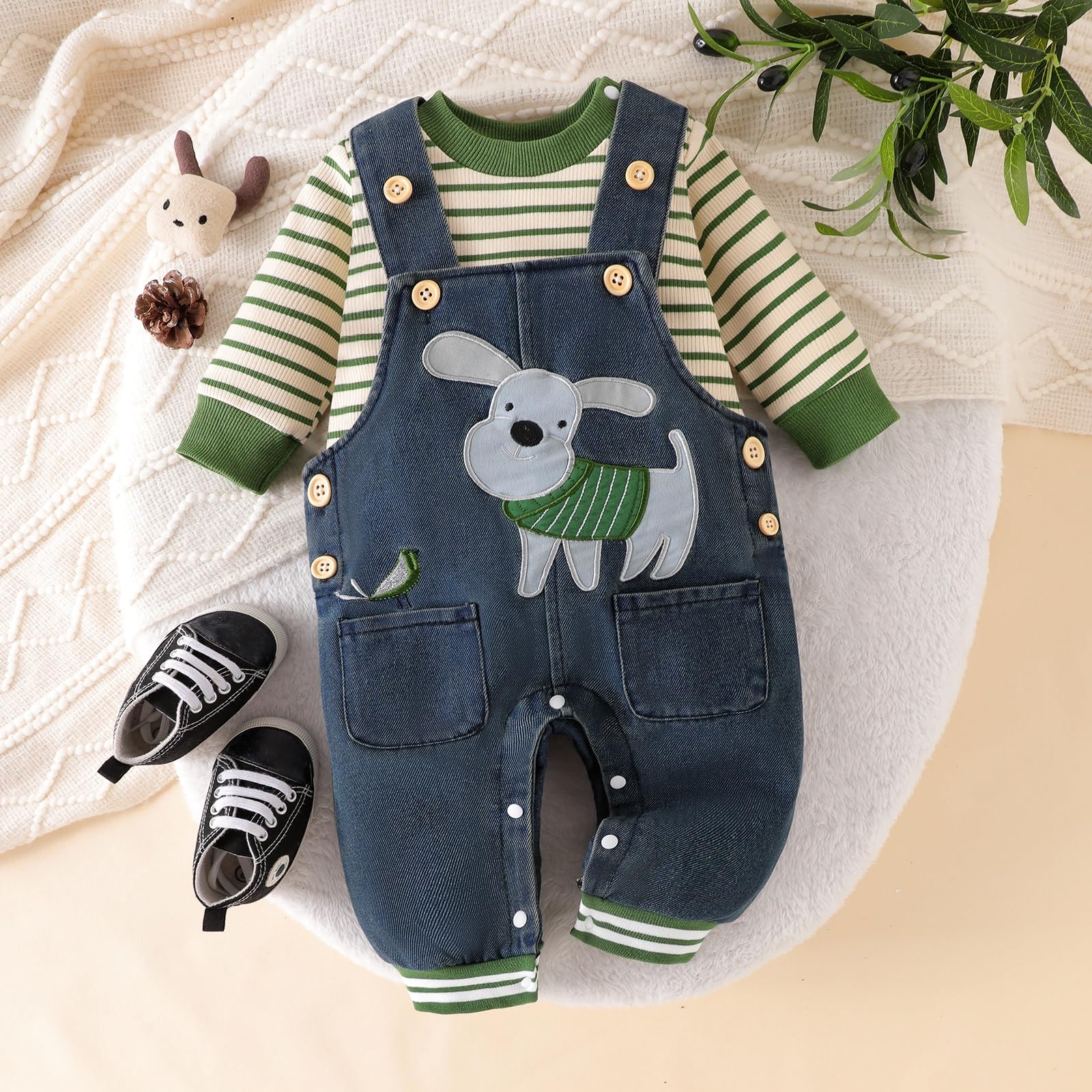 9-12 Month Boy Clothes Baby Fall Winter Outfits Infant Long Sleeve Striped Romper Cute Dog Cartoon Button Jeans Overalls Pants Set Green 9-12 Months