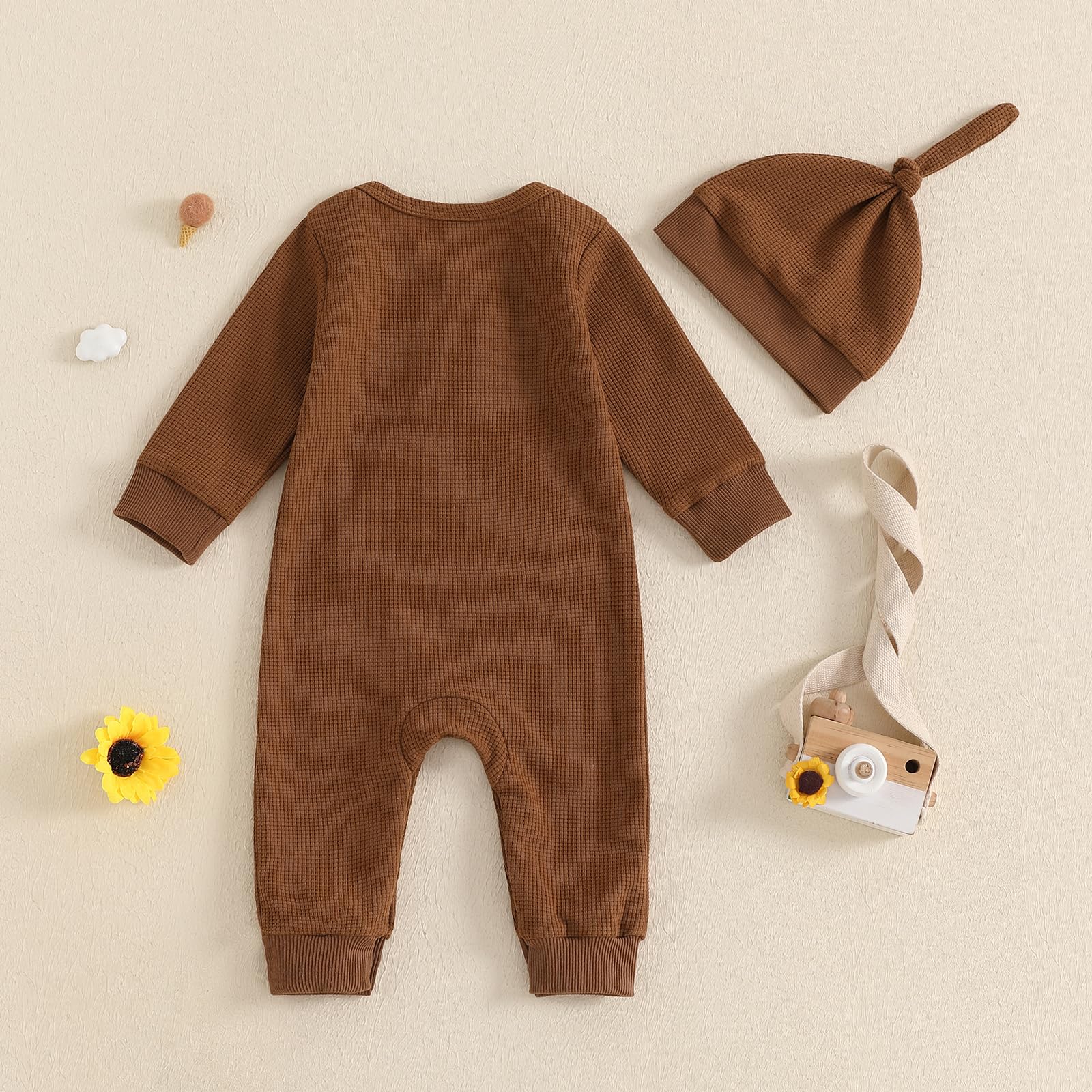 Kuriozud Newborn Infant Unisex Baby Boy Girl Clothes Button Romper Jumpsuit Basic One Piece Outfits Long Sleeve with Hat Brown, 0-3 Months