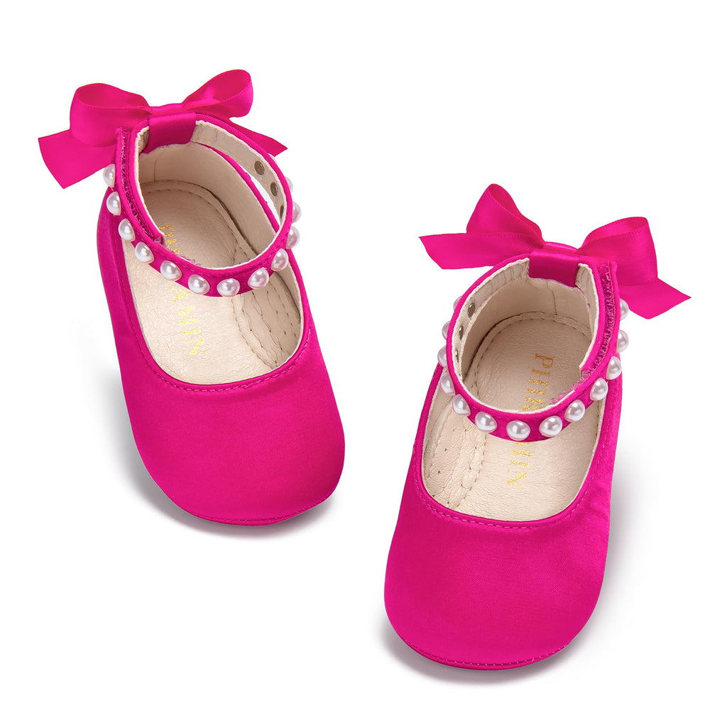 PHIRAMIN Baby Girls Rose Pink Mary Jane Flats - Infant 9-12 Months Walking Shoes Soft Rubber Sole Princess Wedding