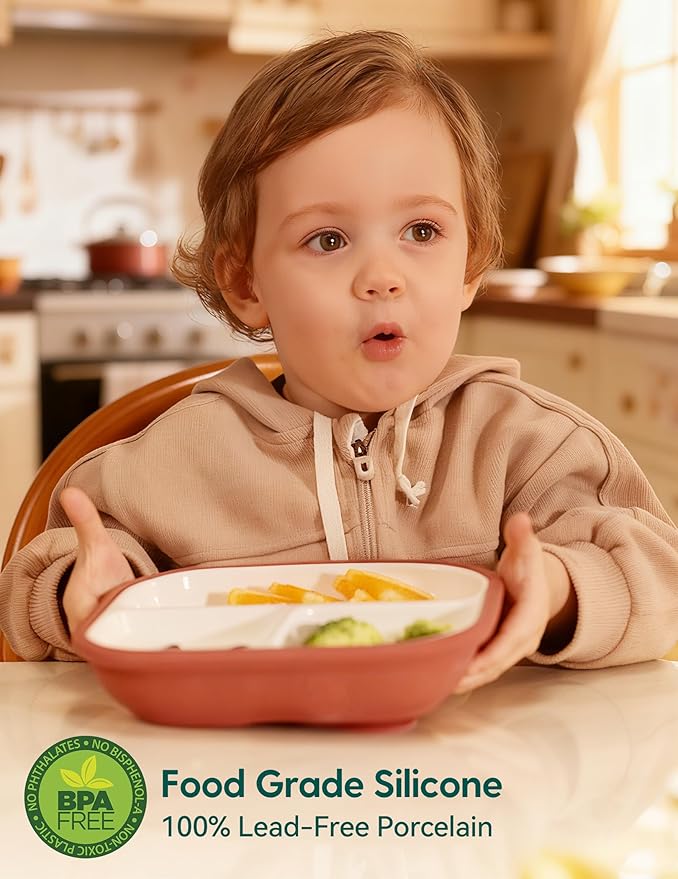 BABELIO 8'' Toddler Porcelain Plates with Silicone Suction Sleeves, Lead & BPA Free, Divided, Microwave & Dishwasher Safe, Stay Put, Suitable for Kids/Babies, Red