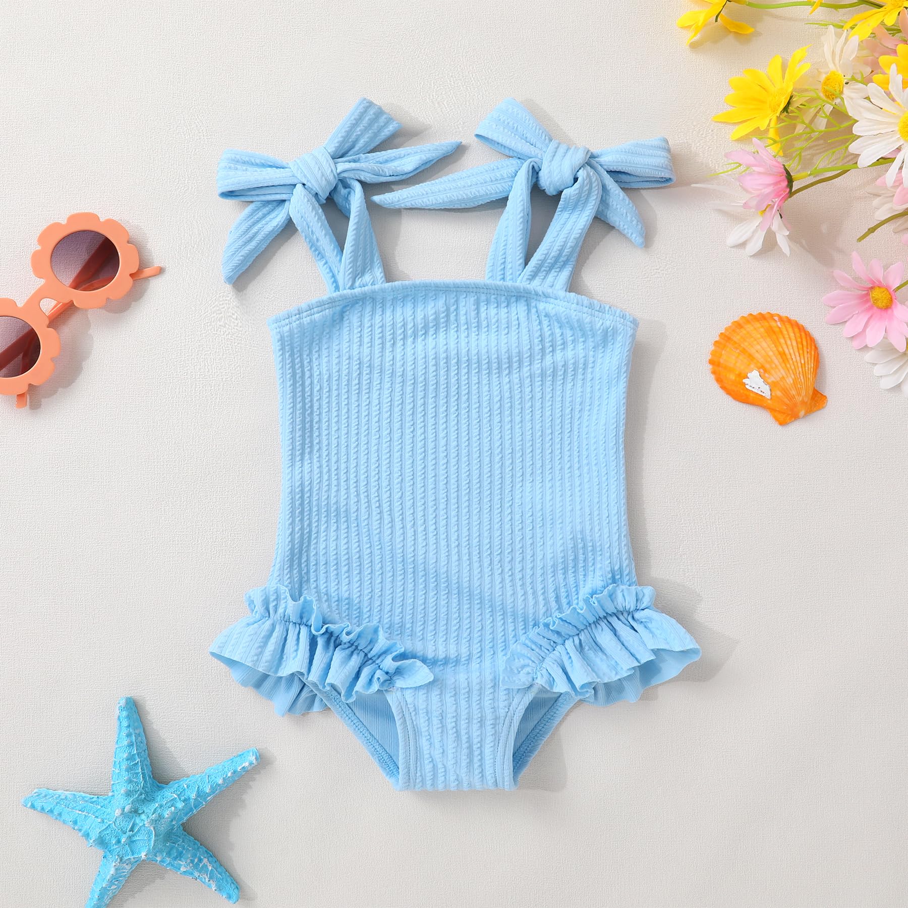 Happy Town Toddler Swimsuit Girl Solid Color Stripe One-Piece Baby Bathing Suits (Light Blue, 9-12 Months)