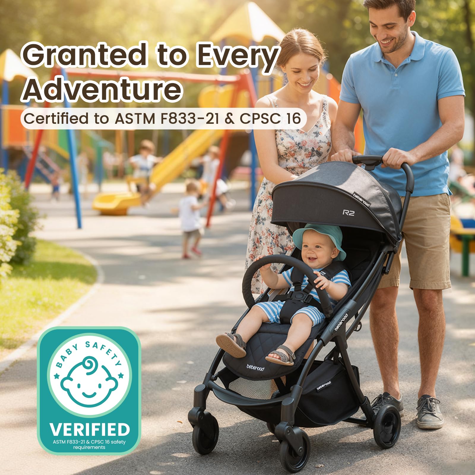 Beberoad Love R2 Travel Stroller for Airplane Small Compact Stroller Lightweight Baby Stroller, Foldable Infant Toddler Stroller with Cup Holder, Rain Cover and UPF 50+ Waterproof Canopy, Black