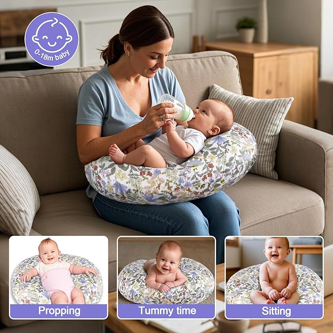 Nursing Pillow, Breastfeeding Pillows with Standard Size Removable Cover, Breast Feeding Pillow with Breathable Filling, Ergonomic Nursing Essentials for Bottle and Breastfeeding- Flower