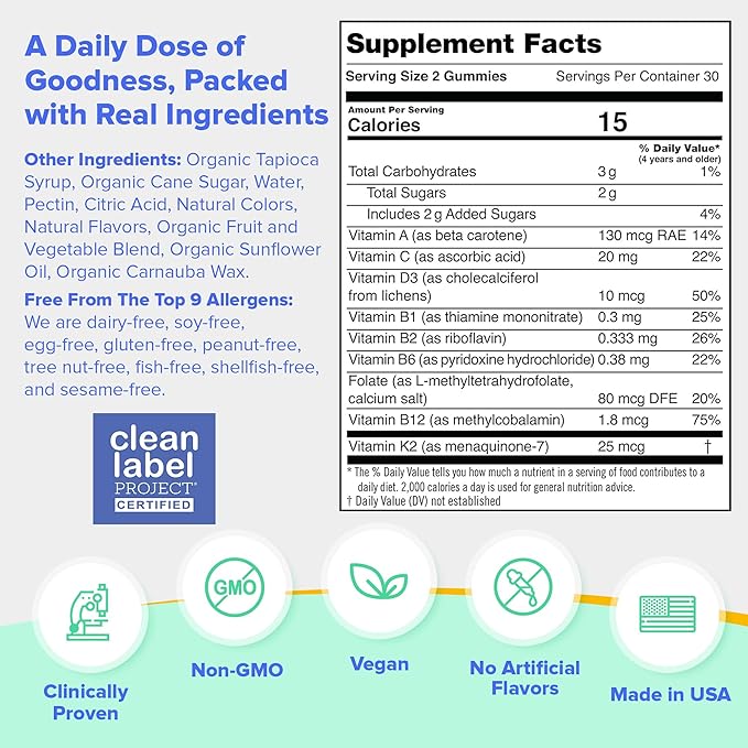 FIRST DAY Kids Multivitamin Gummies Age 4+, Strawberry & Orange - Kids Vitamins Multivitamin Gummy A C D3 K2 B1 B2 B6 B12 Folate, Immunity & Brain Function, Vegan - 60 Day Supply, Packaging May Vary