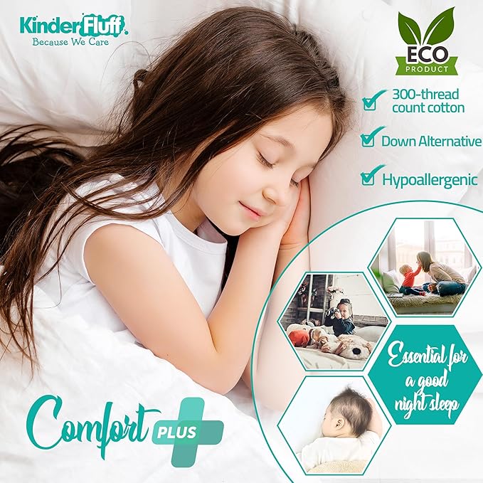 kinder Fluff Children Pillows (2X) - The Only Twin Pillows for Kids 300T Cotton Shell & Down Alternative Fill - Ideal for Travel, Bedding Set & Floor Cushions (16x24in - White)