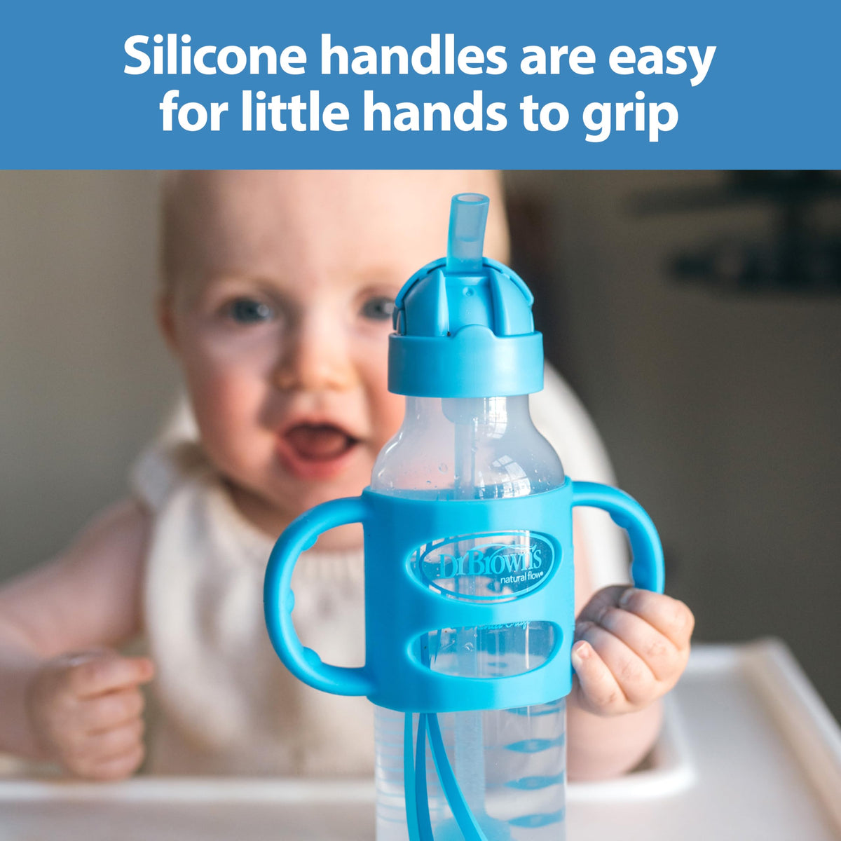 Dr. Brown's Narrow Sippy Straw Bottle with Handles, Gray & Blue, 2-Pack