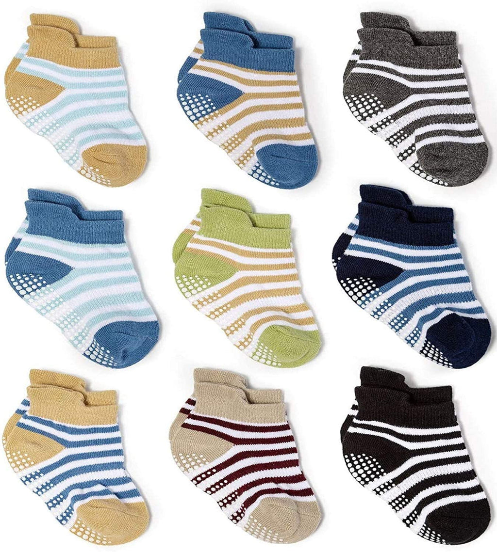 ZAPLES Baby Boys Non Slip Grip Ankle Socks with Non Skid Soles for Infants Toddlers Kids, Boy Stripes, 4-7 Years