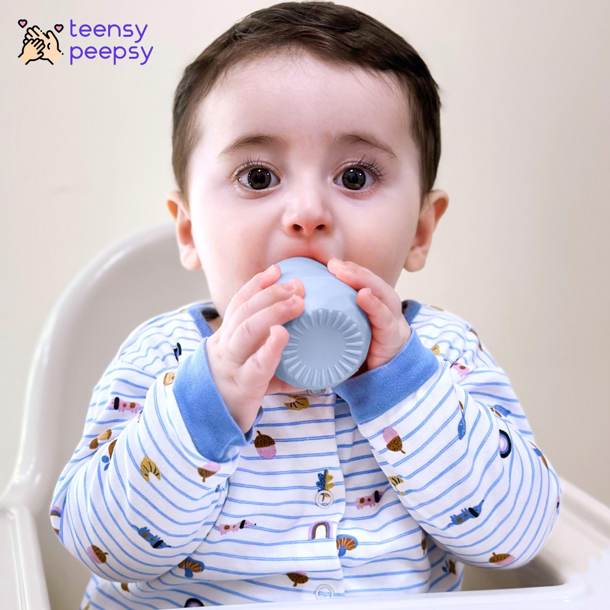 teensy peepsy Silicone Training Cups for Babies 4 Months+ | 2 pack Tiny Transition Cup for Baby Boy Gift, Baby Water Cup for 6-12 Months, Toddler Open Cups 2oz, Baby Essentials for BLW (Aquamarine)